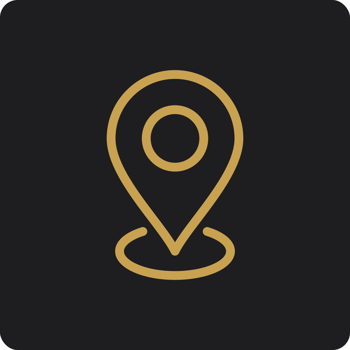 Gold location pin icon on black background.