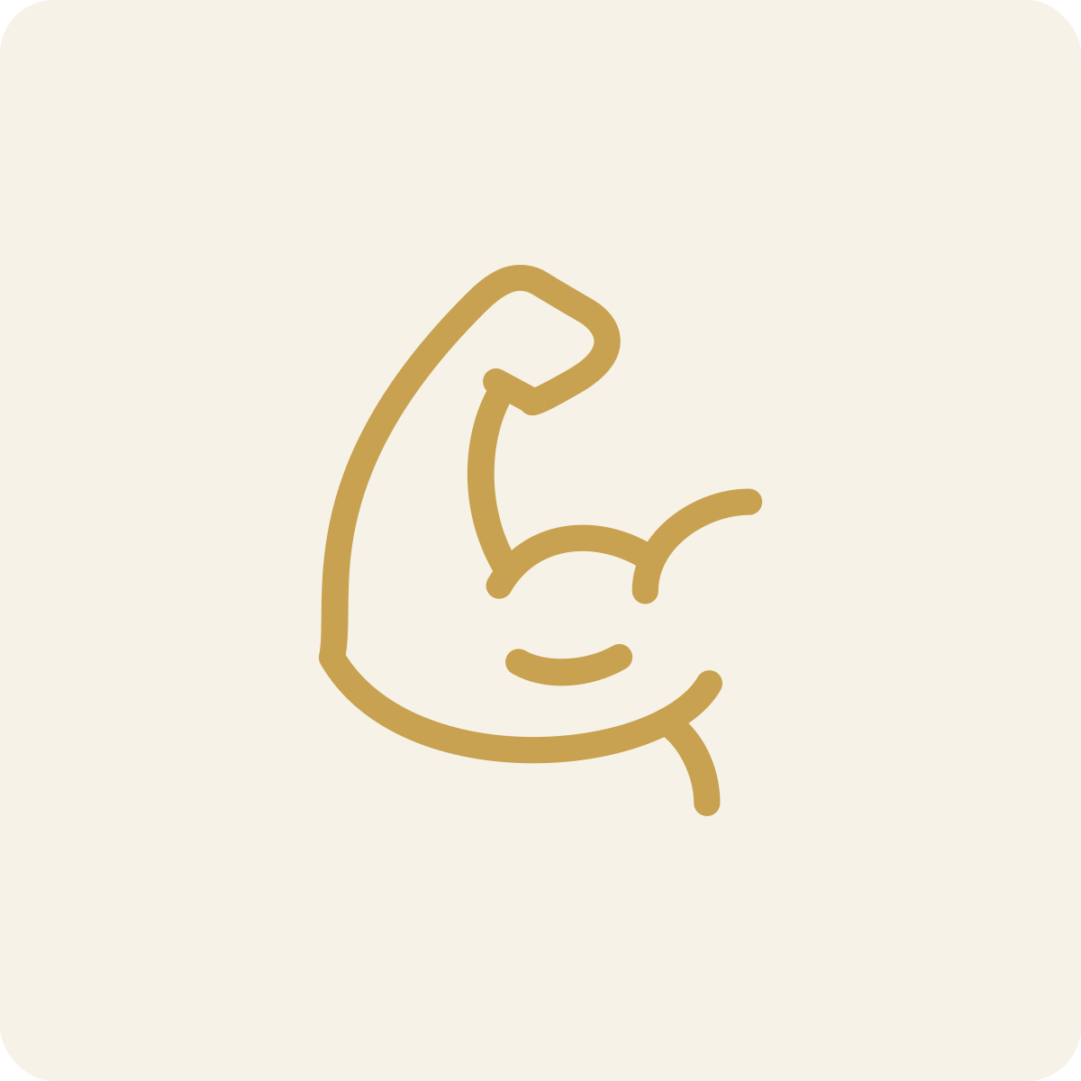 Simple line drawing of a bicep muscle flexed, in a tan color on a light background.