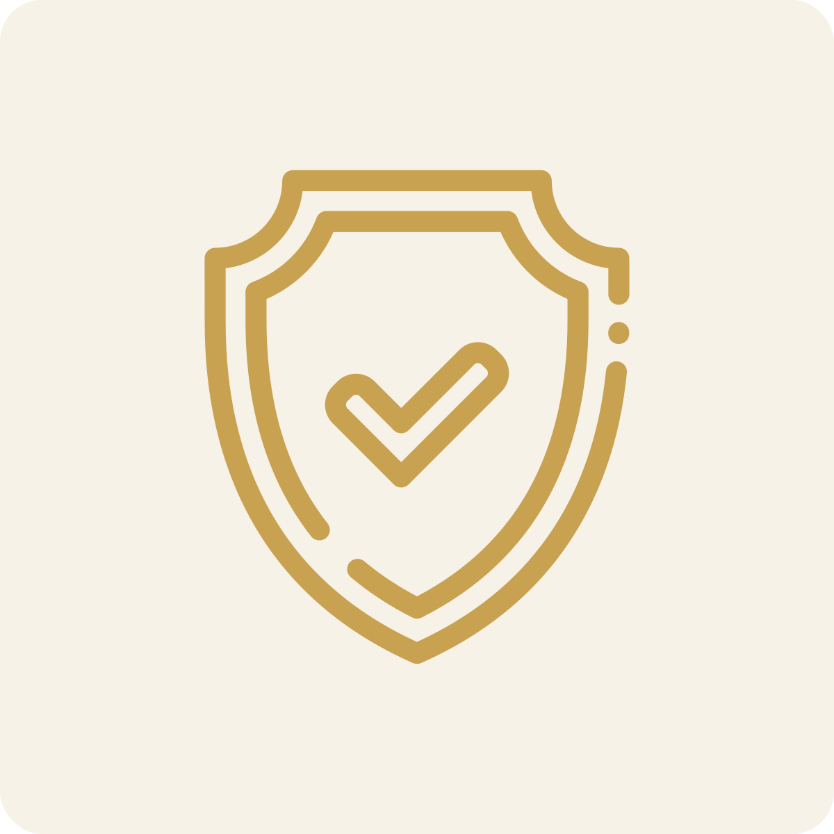 Gold shield icon with a checkmark in the center on a light background.