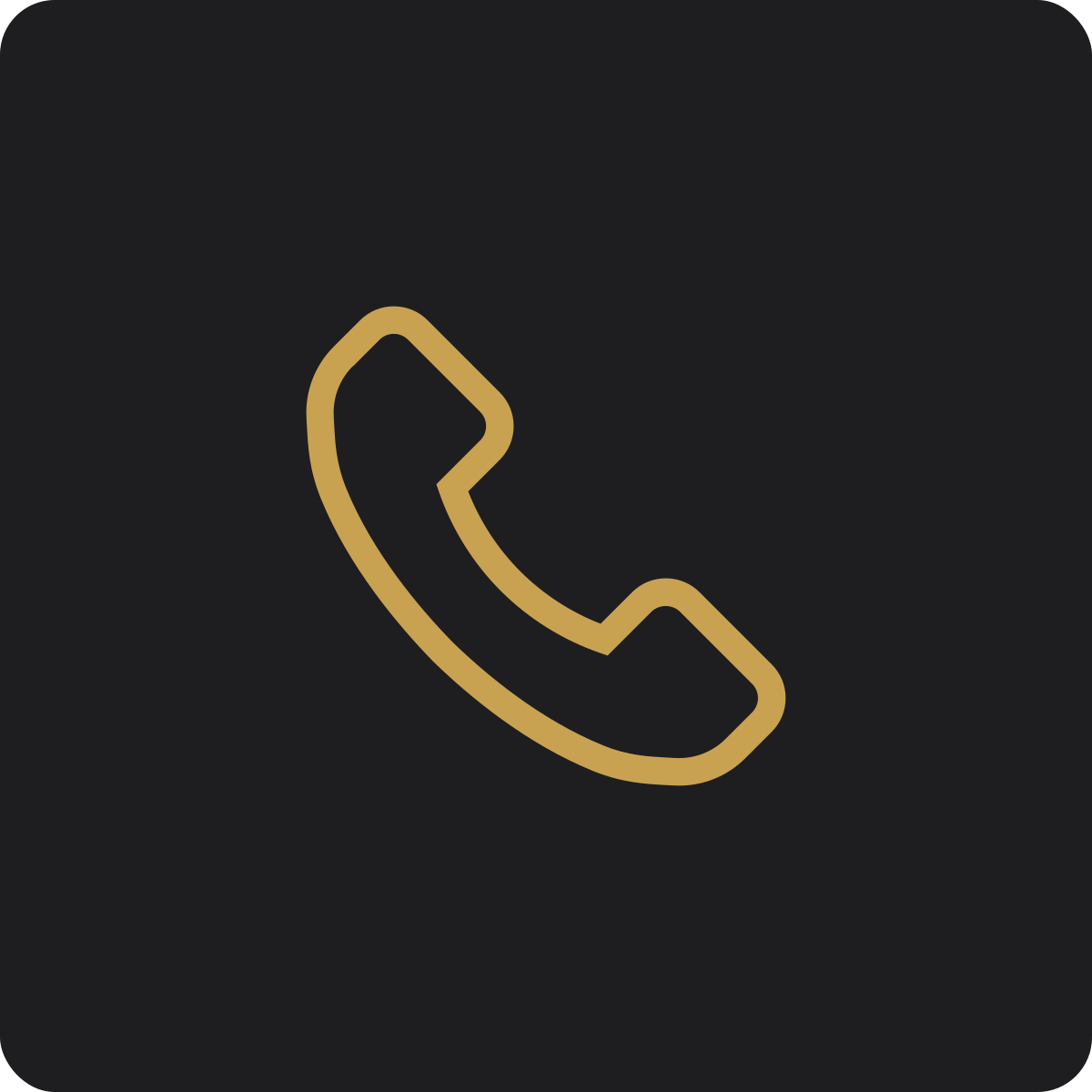 Icon of a telephone handset in gold on a black background.