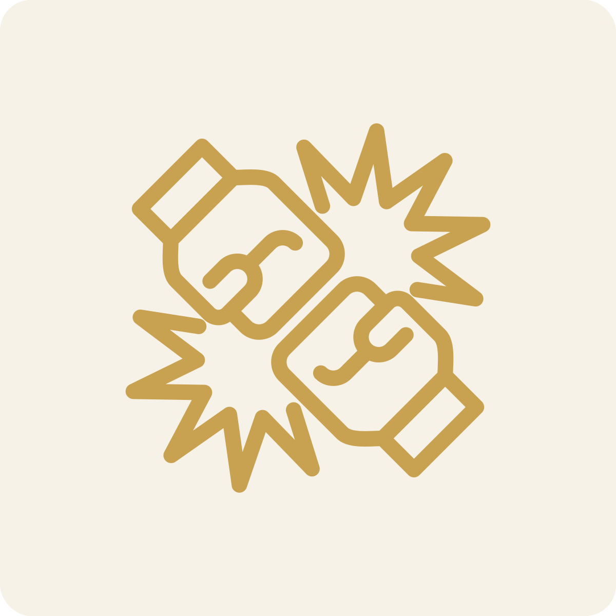 An icon of two fists bumping, with explosive shapes around them, in a gold outline on a light background.