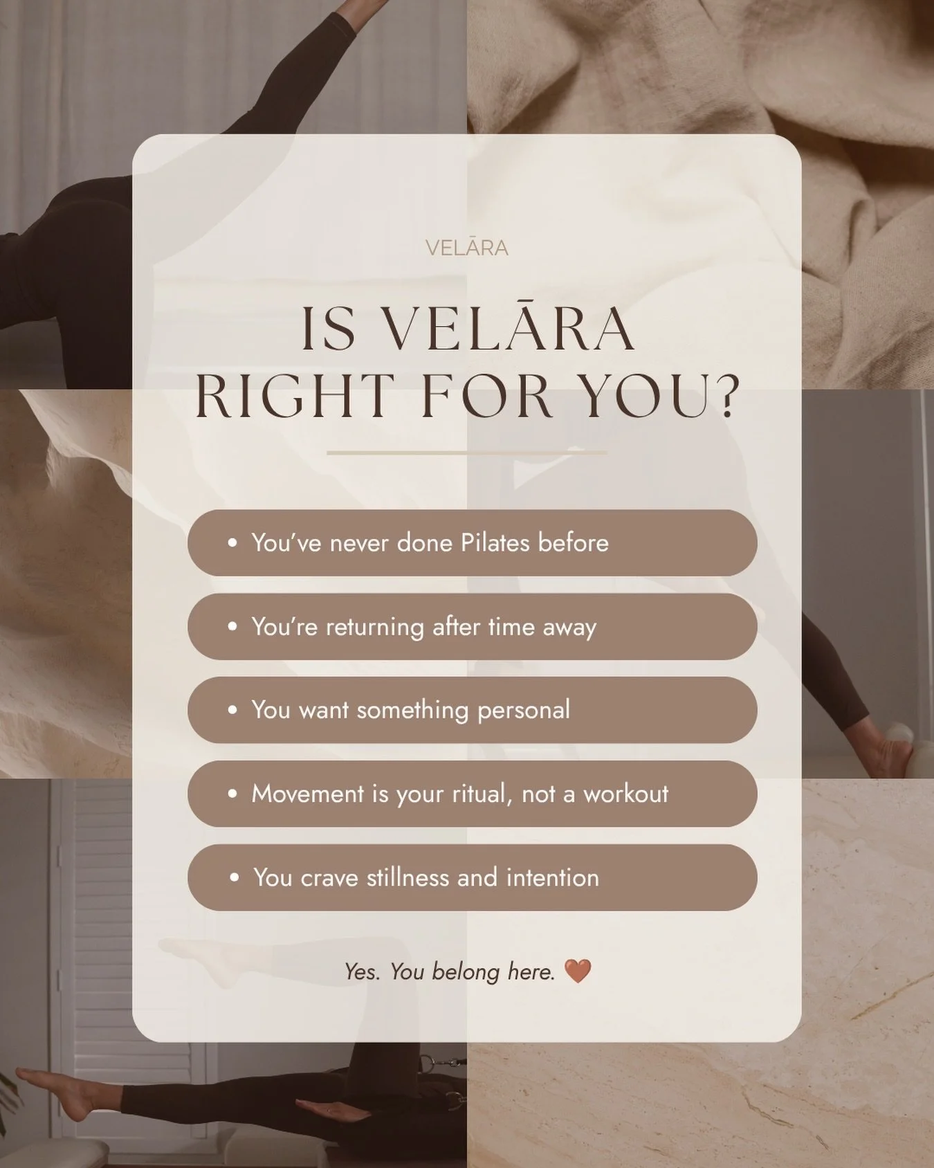 A question that I get asked often.. is Velāra right for me if I have never done Pilates before? 

The answer is always yes. Velāra is designed for every woman - complete beginner, those returning after time away, experienced practitioners who want so