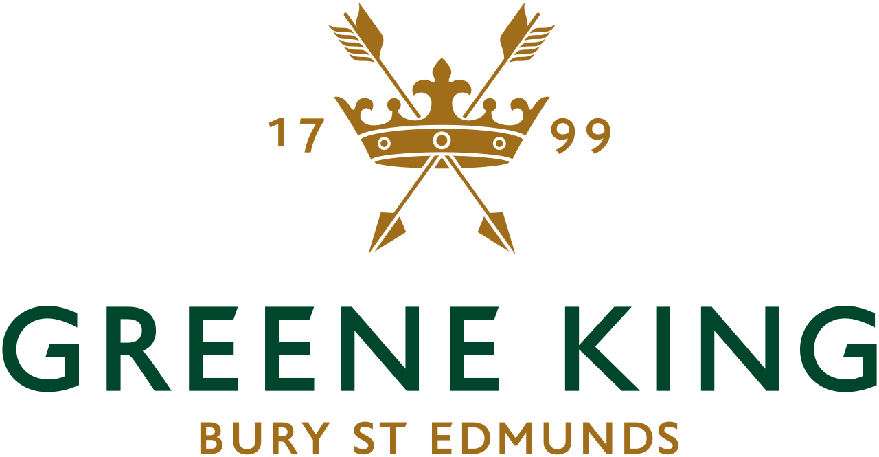 Green King logo with a gold crown, two crossed arrows, the year 1799, and the words 'Green King' and 'Bury St Edmunds'.