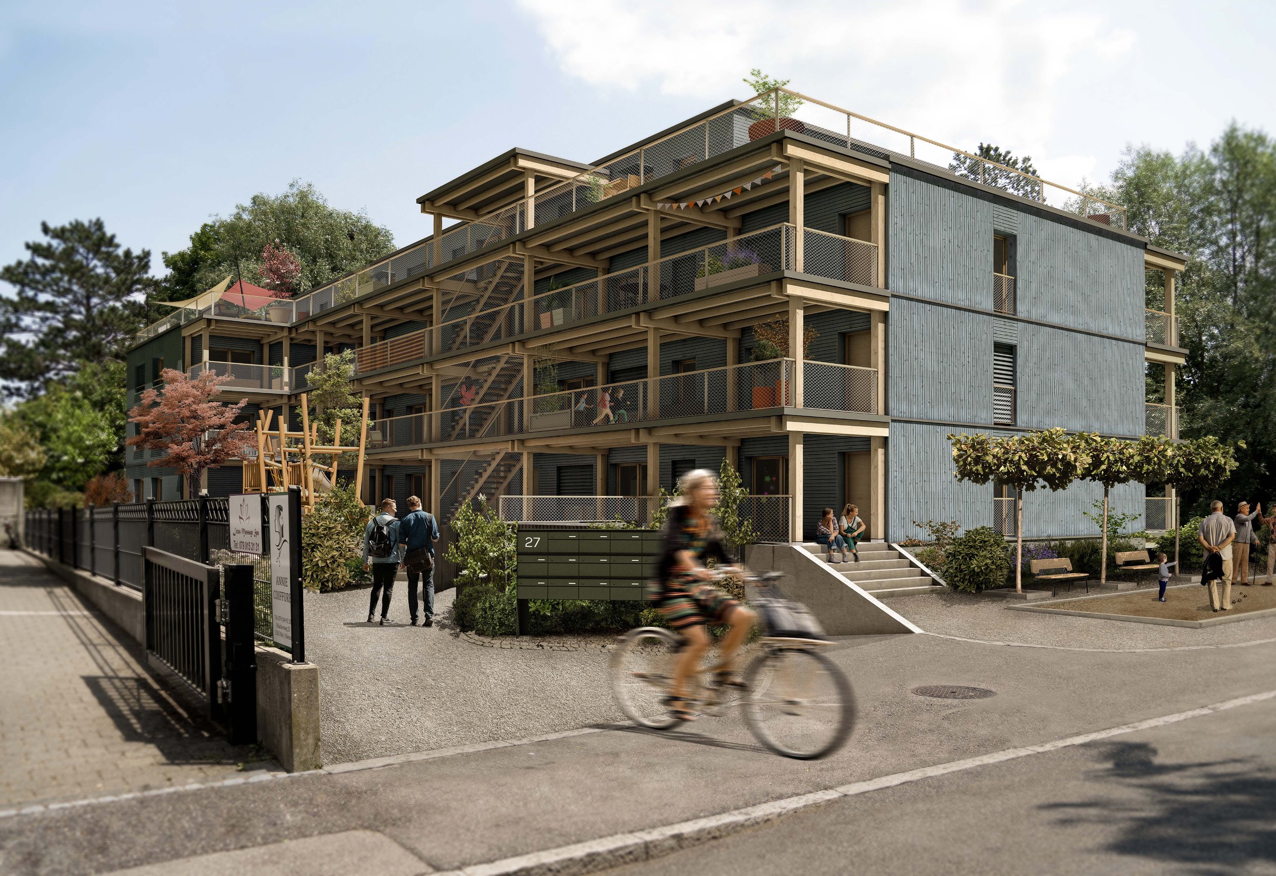 Mehrstöckiges modernes Wohnhaus mit großen Terrassen, umgeben von Bäumen, im Vordergrund Fahrradfahrer und Fußgänger.