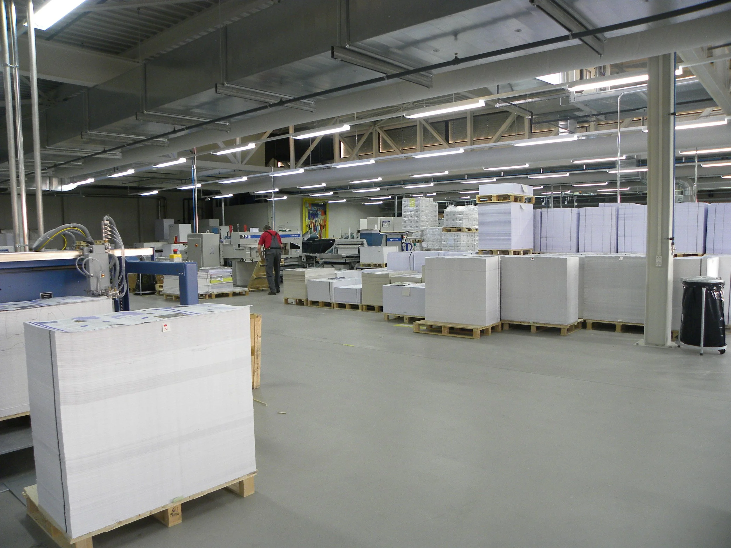 Innenansicht eines Fabrik- oder Lagerhauses mit weißen Kartons auf Paletten und einer Person, die bei der Arbeit ist.