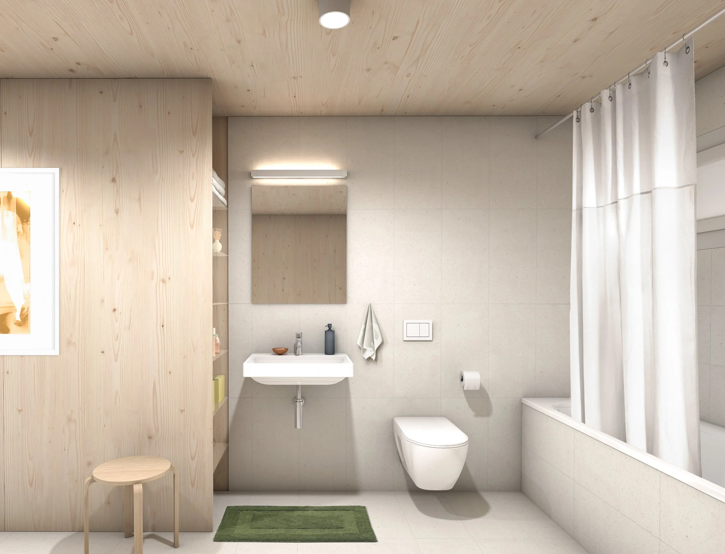 Ein modernes Badezimmer mit Holzverkleidung an der Wand, einer weißen Wand und einem weißen Badezimmermöbel, einem Waschbecken, einem Spiegelschrank, einer Toilette, einer Badewanne mit Duschvorhang und einer grünen Badematte.