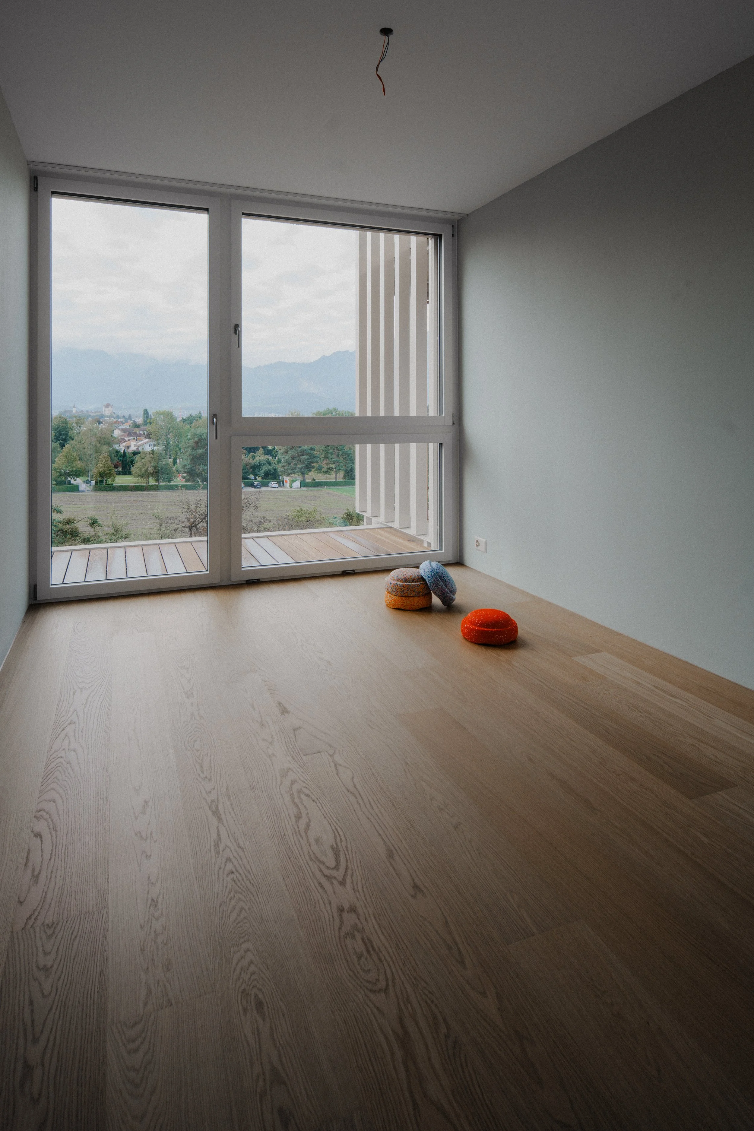 Ein leeres Zimmer mit Glas-Fensterfront, Blick auf eine grüne Landschaft mit Bergen im Hintergrund, auf dem Boden liegen drei bunte Kissen.
