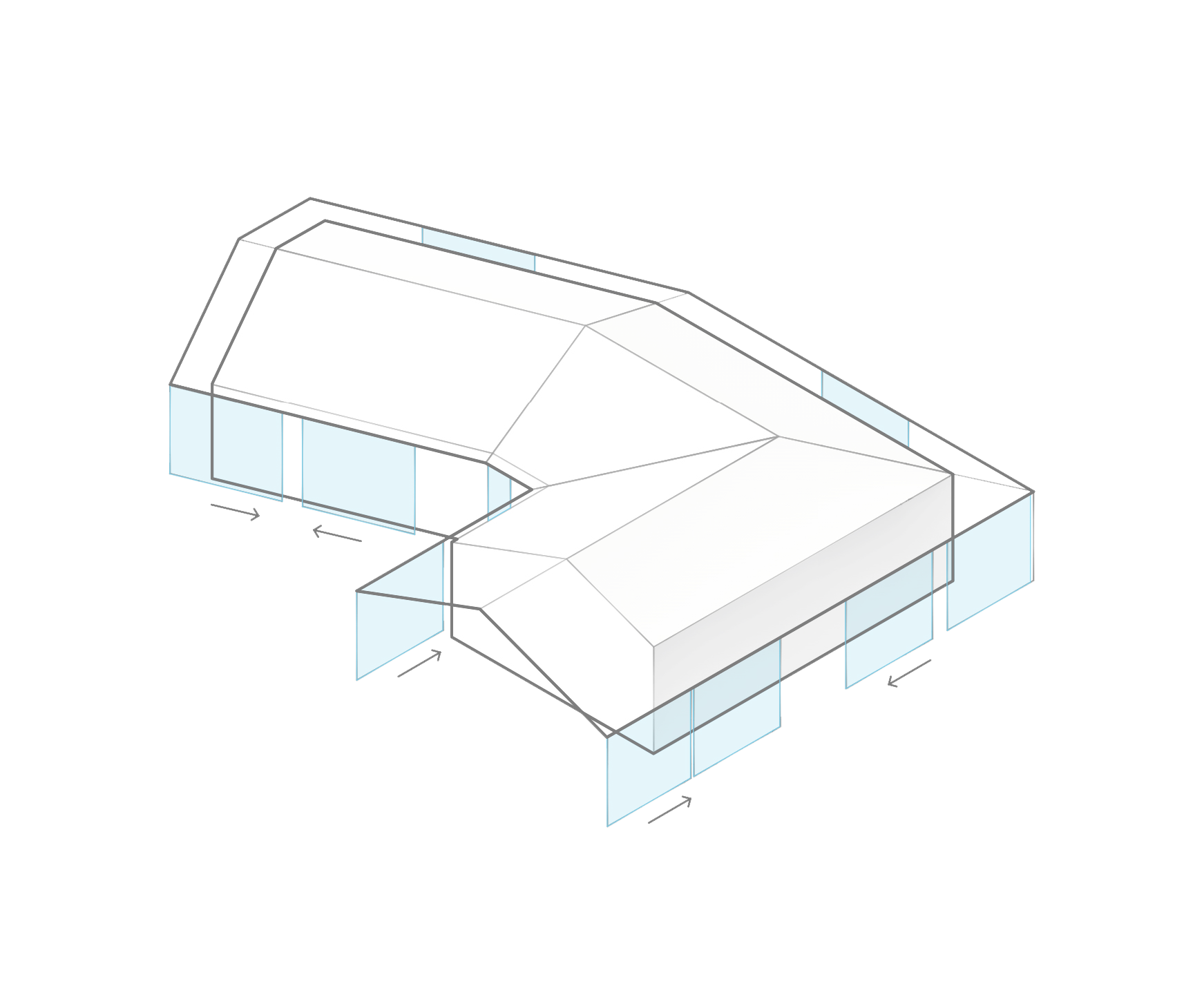 Architektonischer Entwurf eines modernen Gebäudes mit großen Glasfassaden, schrägen Dächern und mehreren Ebenen, dargestellt in einer digitalen Illustration.