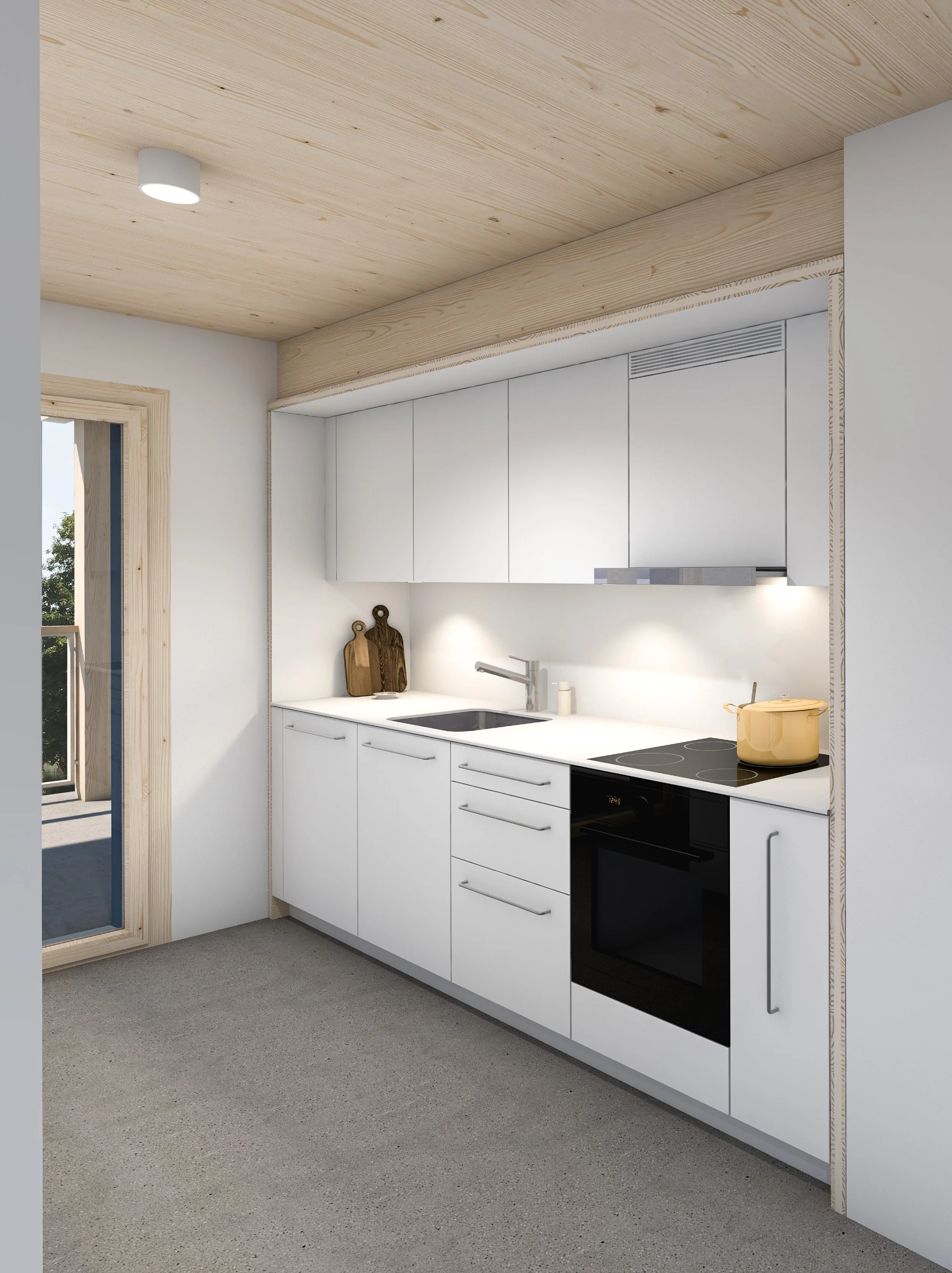 Moderne Küche mit weißen Schränken, schwarzem Herd, Holzboden, Holzdeckenpaneelen, Fenster und natürlichem Licht.