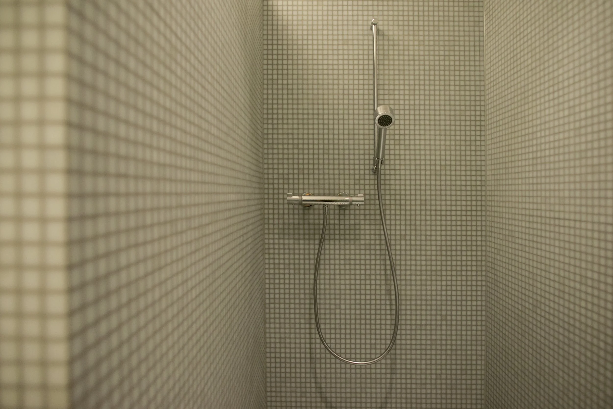 Dusche mit beige kleinen Fliesen, Duschkopf und Brausearm.