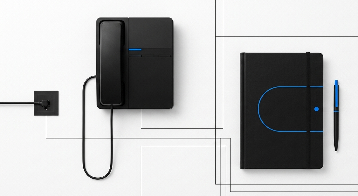 Black office desk accessories including a landline phone, notebook, and pen on a white surface with minimal line design.