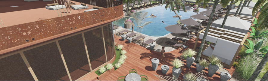 Poolside area with lounge chairs and umbrellas, surrounded by palm trees and potted plants at a resort or hotel.