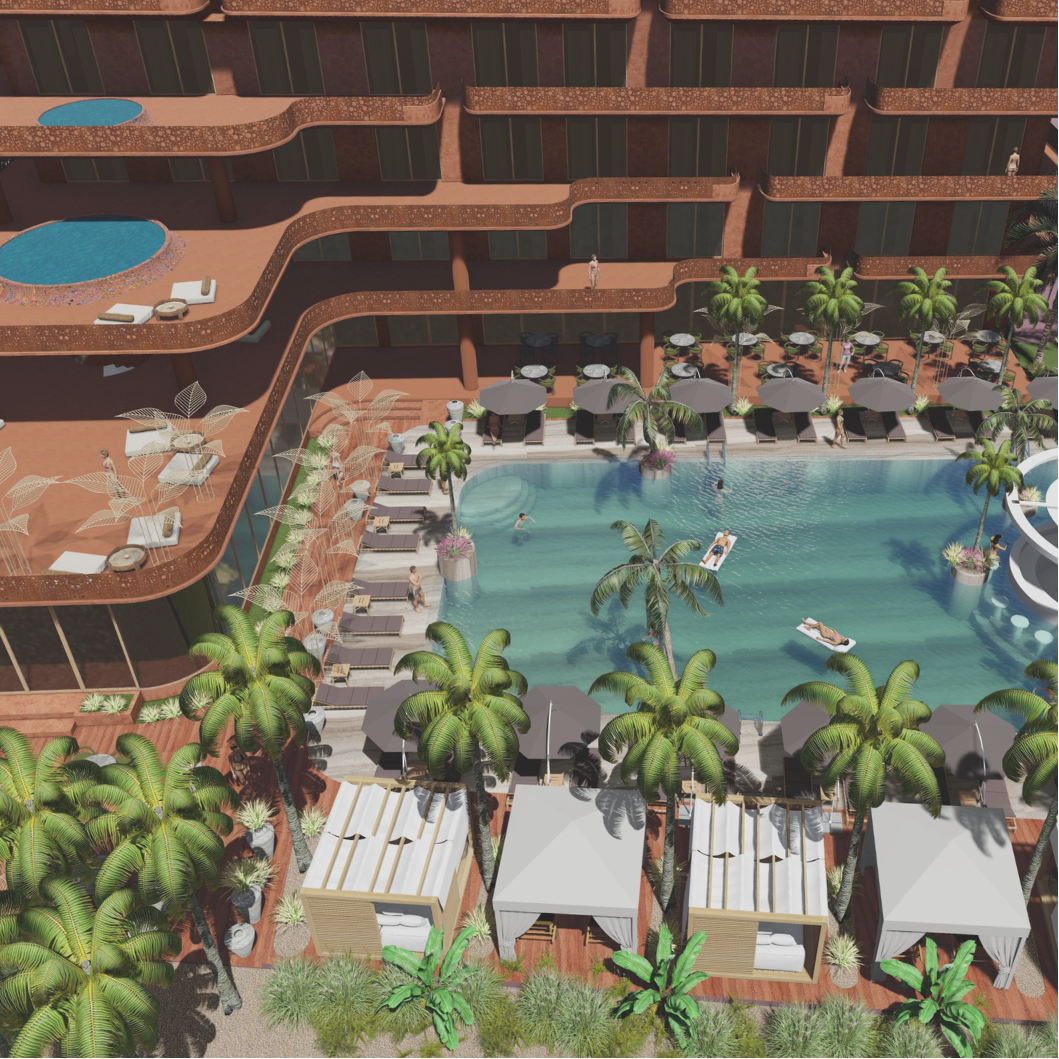 Aerial view of a luxury hotel pool area with lounge chairs, umbrellas, palm trees, cabanas, and people swimming and relaxing.
