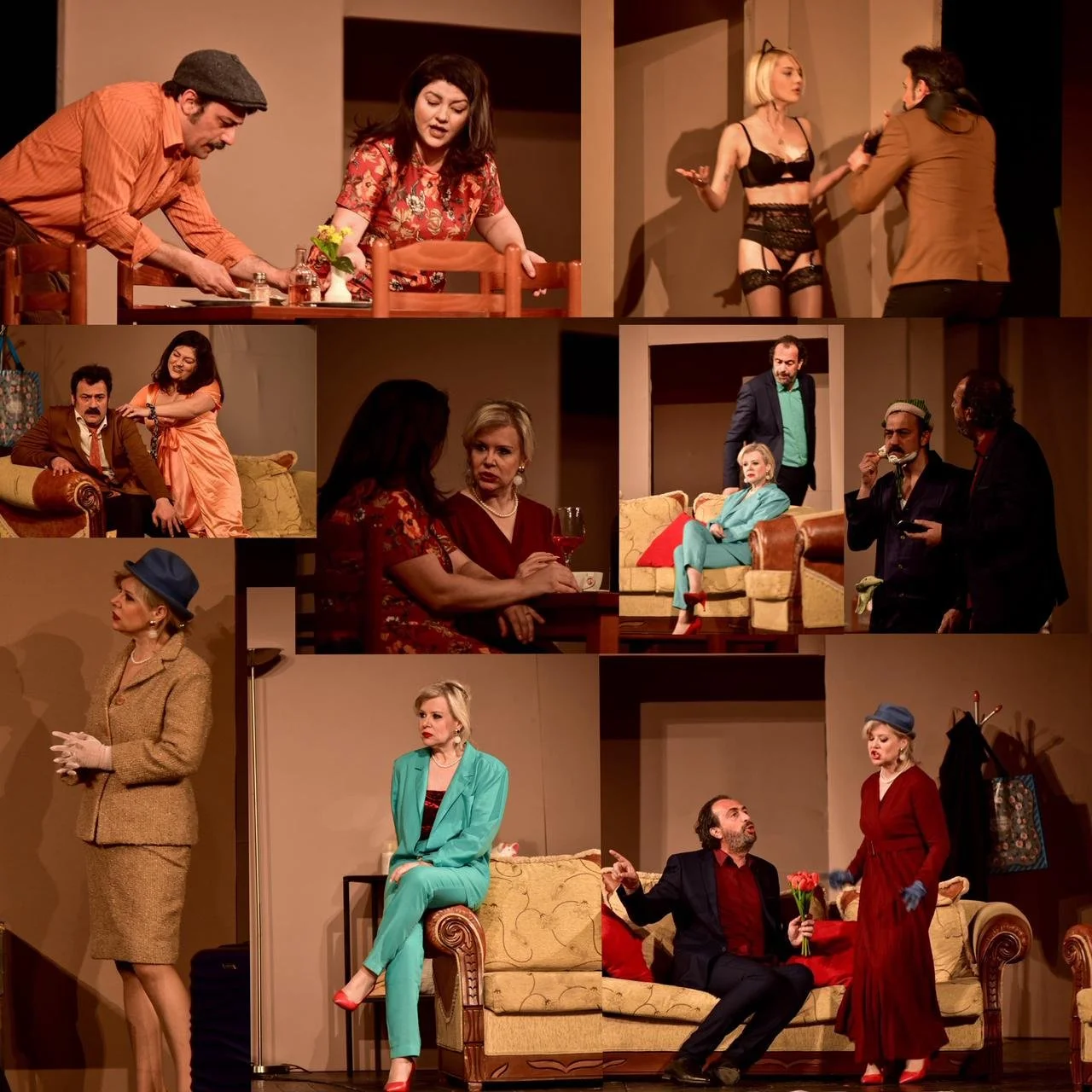 A collage of scenes from a theatrical play with various actors in different costumes, revealing comedic and dramatic moments on stage.