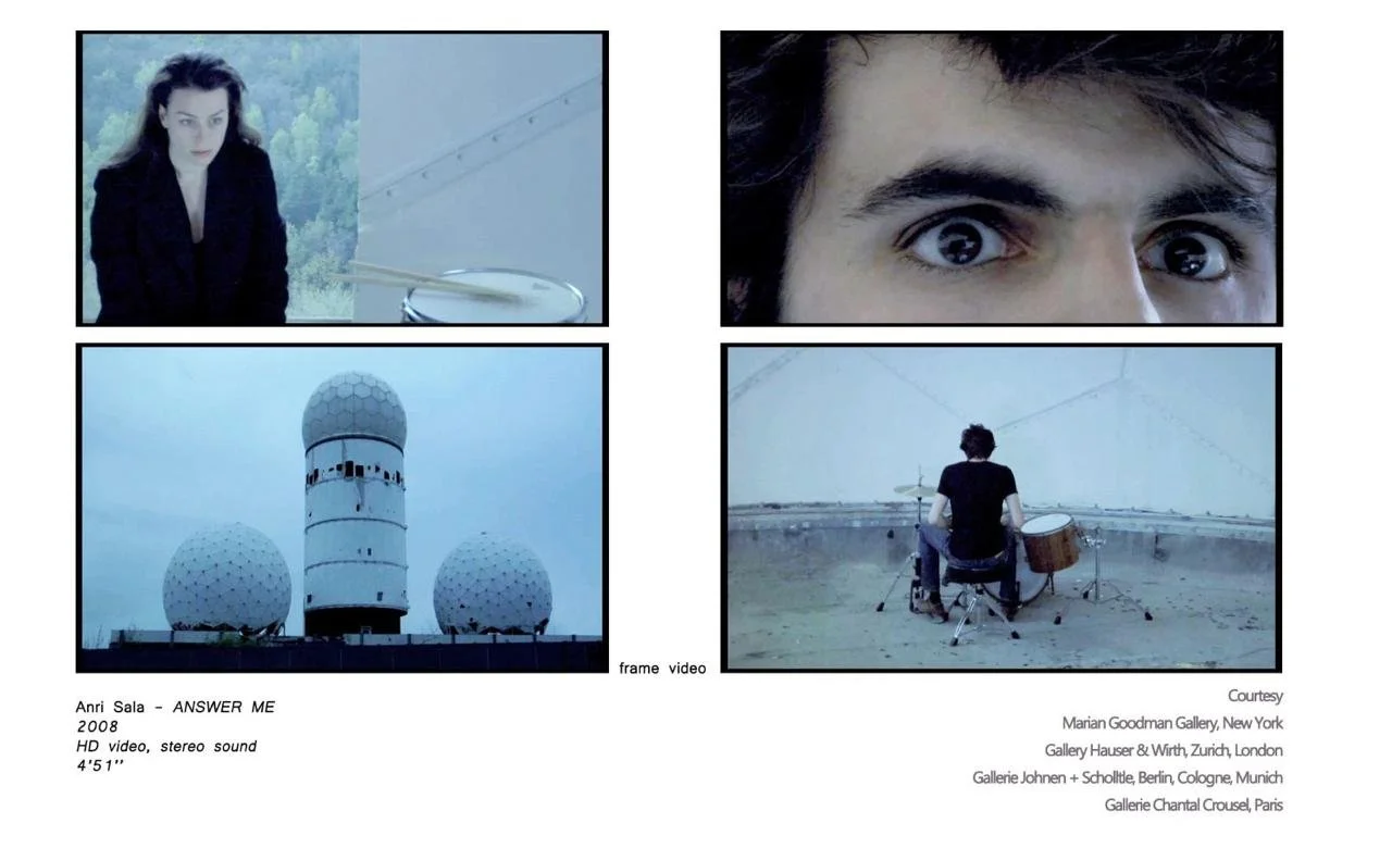 A collage of four images showcasing a woman with dark hair and a man with dark hair, a close-up of the woman's face, and a set of three radar domes on a rooftop with a cloudy sky.