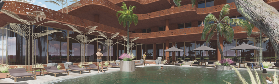 Luxury hotel pool area with lounge chairs, umbrellas, palm trees, and a curved modern building in the background.