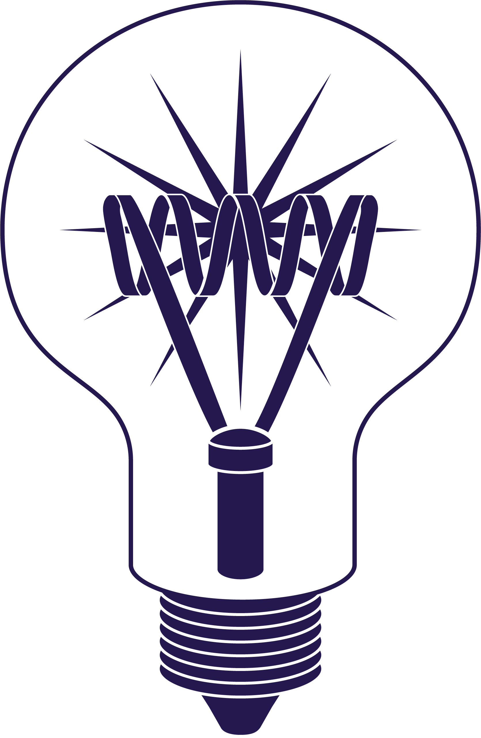 A stylized illustration of a light bulb exposing its filament.