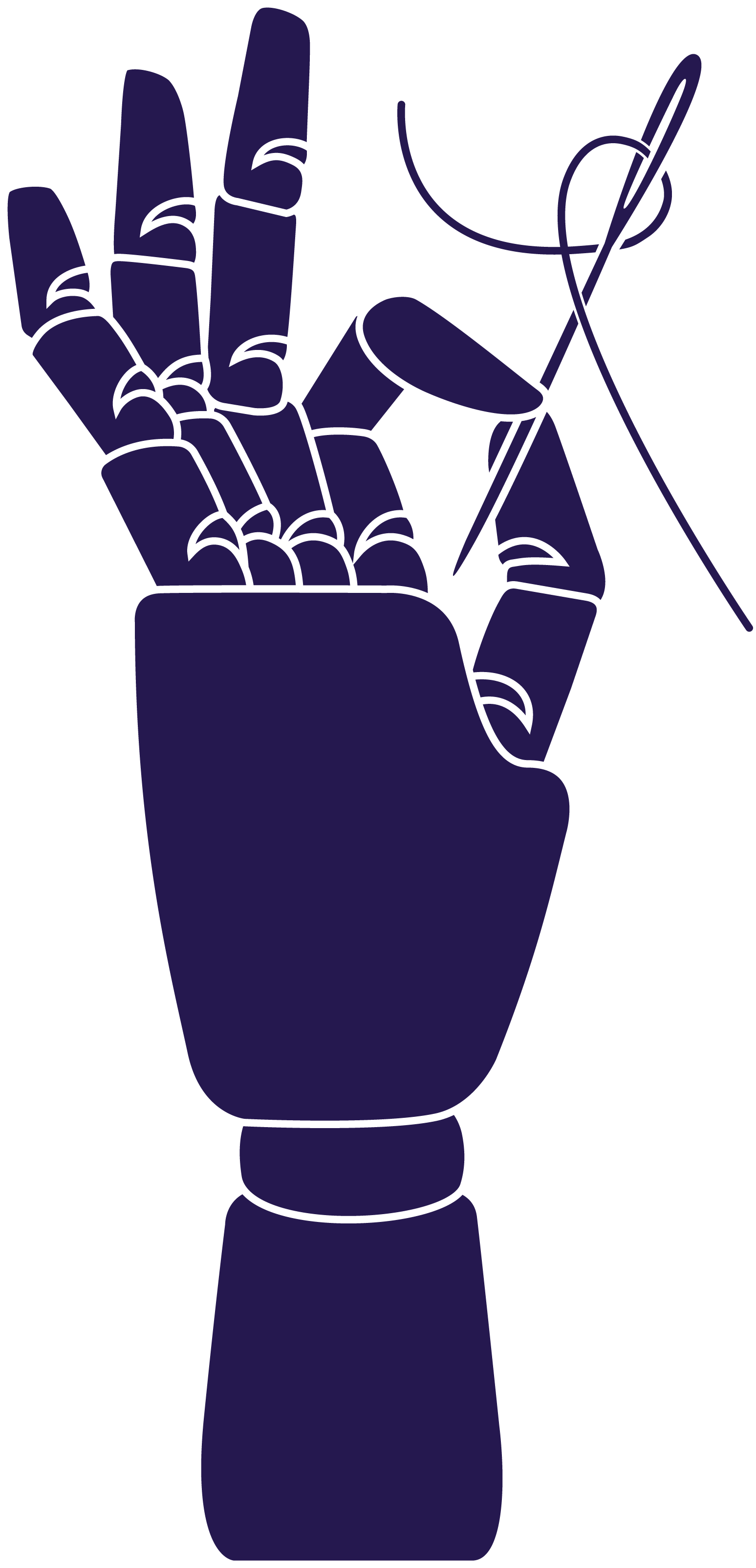 A stylized outline of a hand holding knitting needles and yarn, rendered in dark purple and white on a black background.