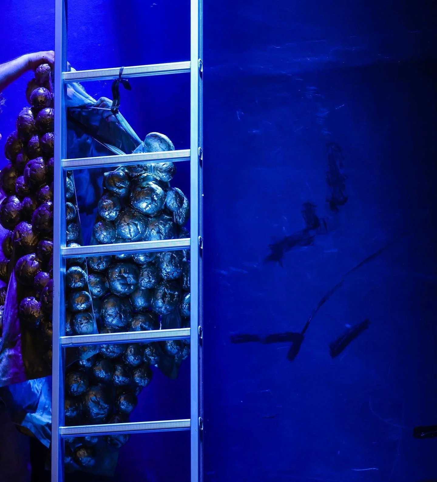 Person stacking shiny black and purple objects on a ladder in front of a dark blue wall with a shark silhouette.