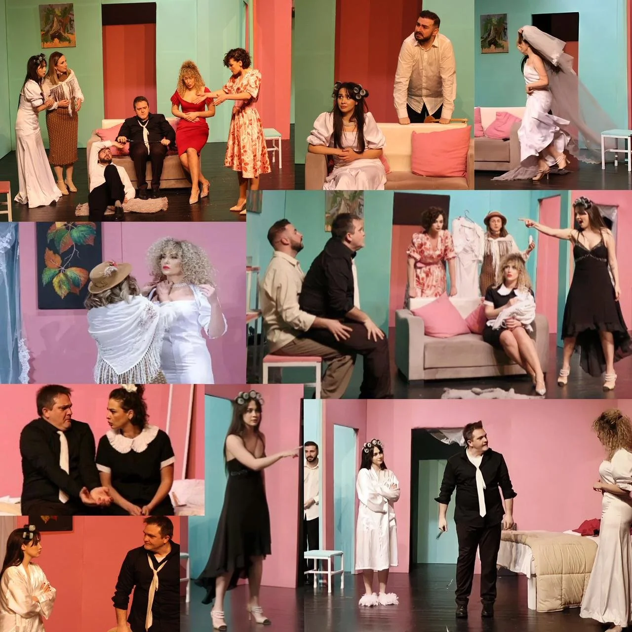 A theatrical stage scene with actors in colorful costumes, engaging in various dramatic scenes in a set designed as a living room with sofas, walls, and decor.