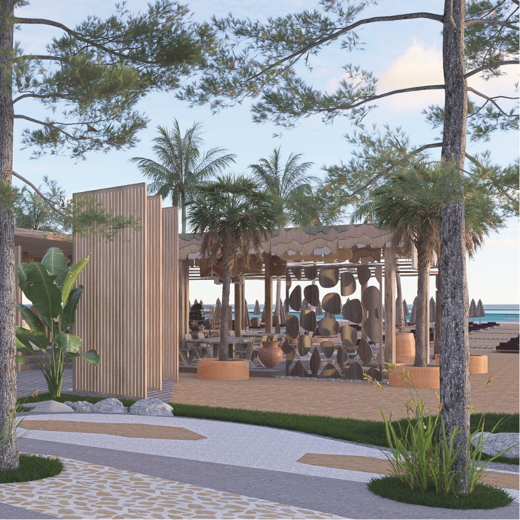 Beachside lounge area with wooden structures, palm trees, and sun umbrellas near the ocean.