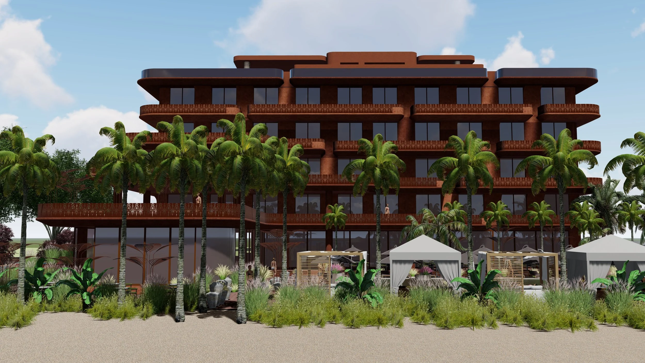 A modern, multi-story building with extensive glass windows, surrounded by lush palm trees and tropical plants, with outdoor seating areas and a white canopy tent in the foreground.