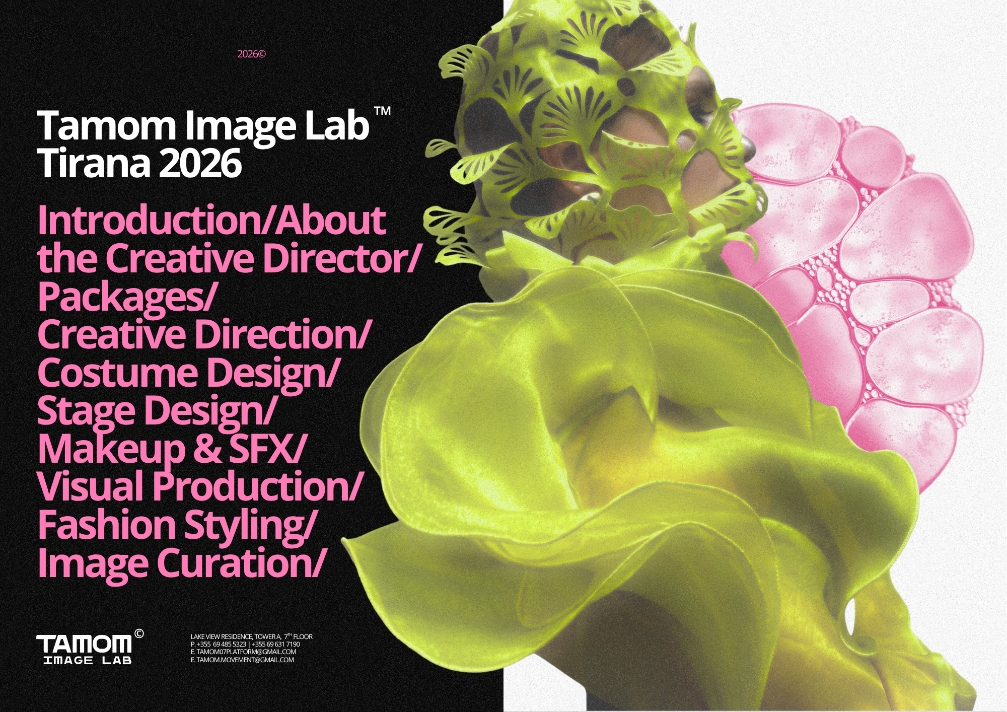 Colorful abstract image with green and pink shapes, promotional text for Tamom Image Lab Tirana 2026, and contact information.