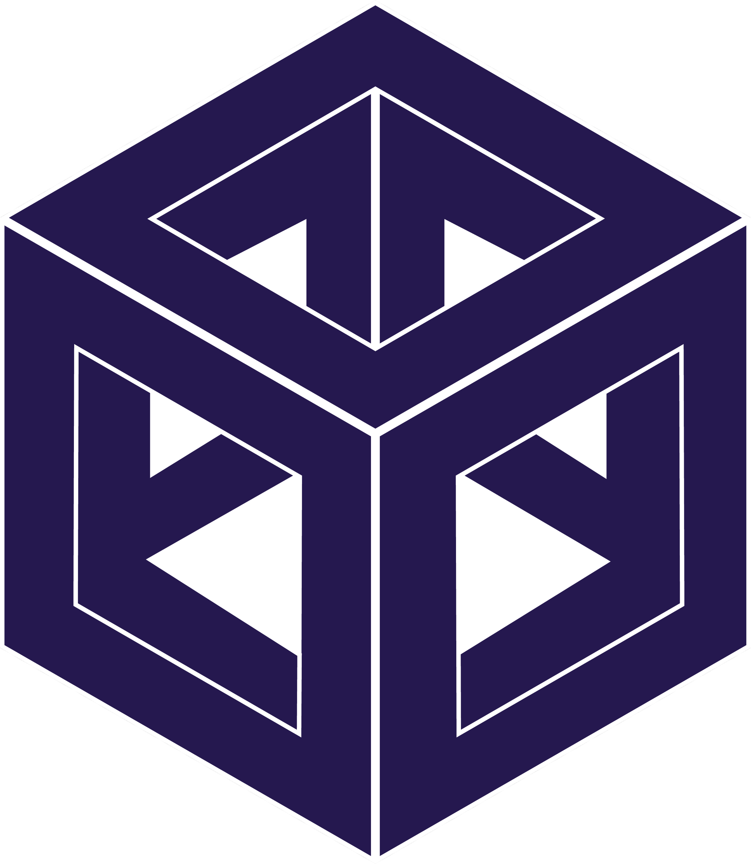 Isometric illustration of a dark blue 3D cube with hollowed out windows and an arrow pointing upward from within.