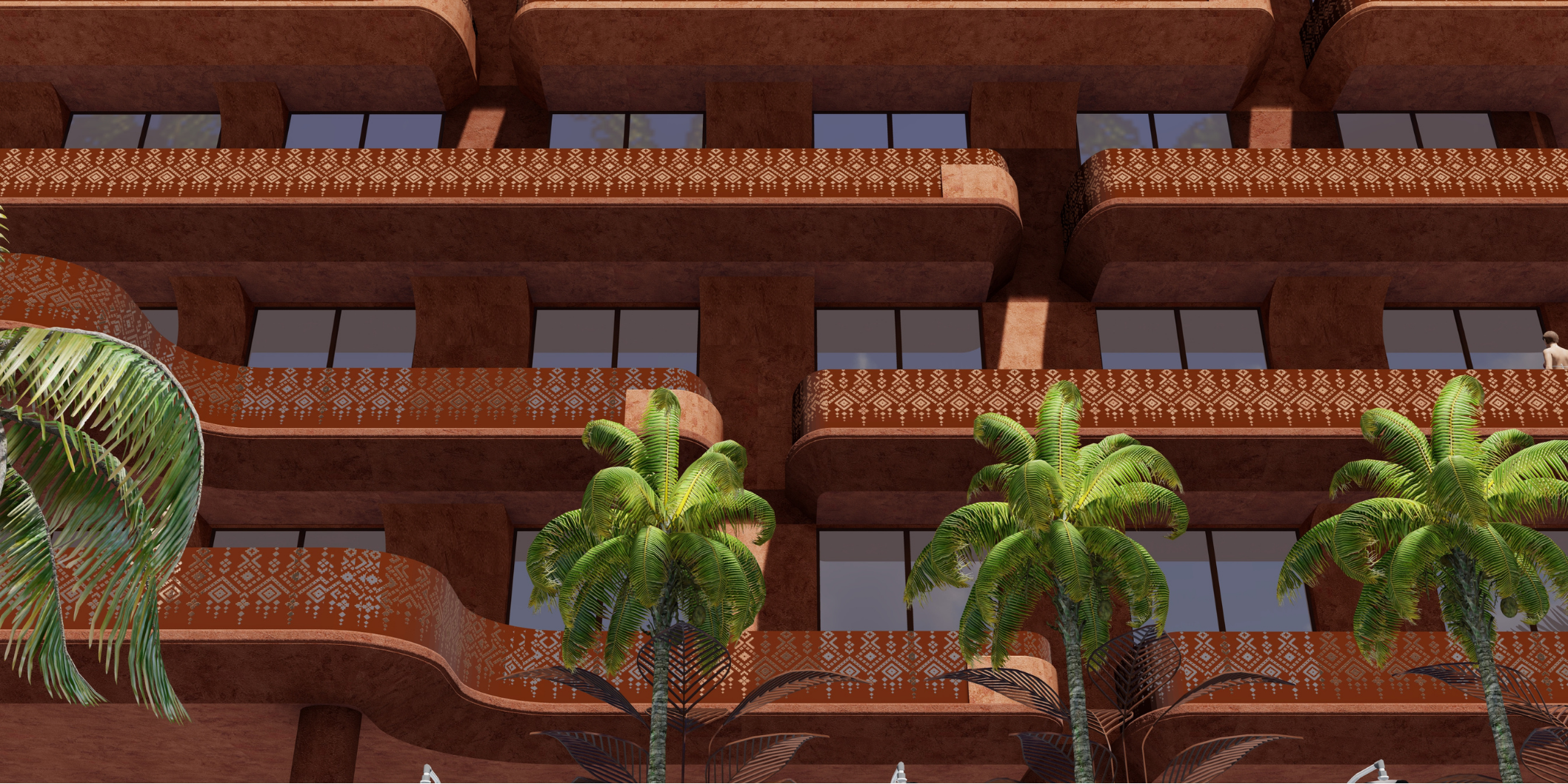 A modern pinkish-brown building with multiple floors featuring patterned balconies and large windows, surrounded by green palm trees.