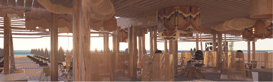 Beachside outdoor restaurant with woven rattan chairs and parasols, overlooking the ocean during sunset.