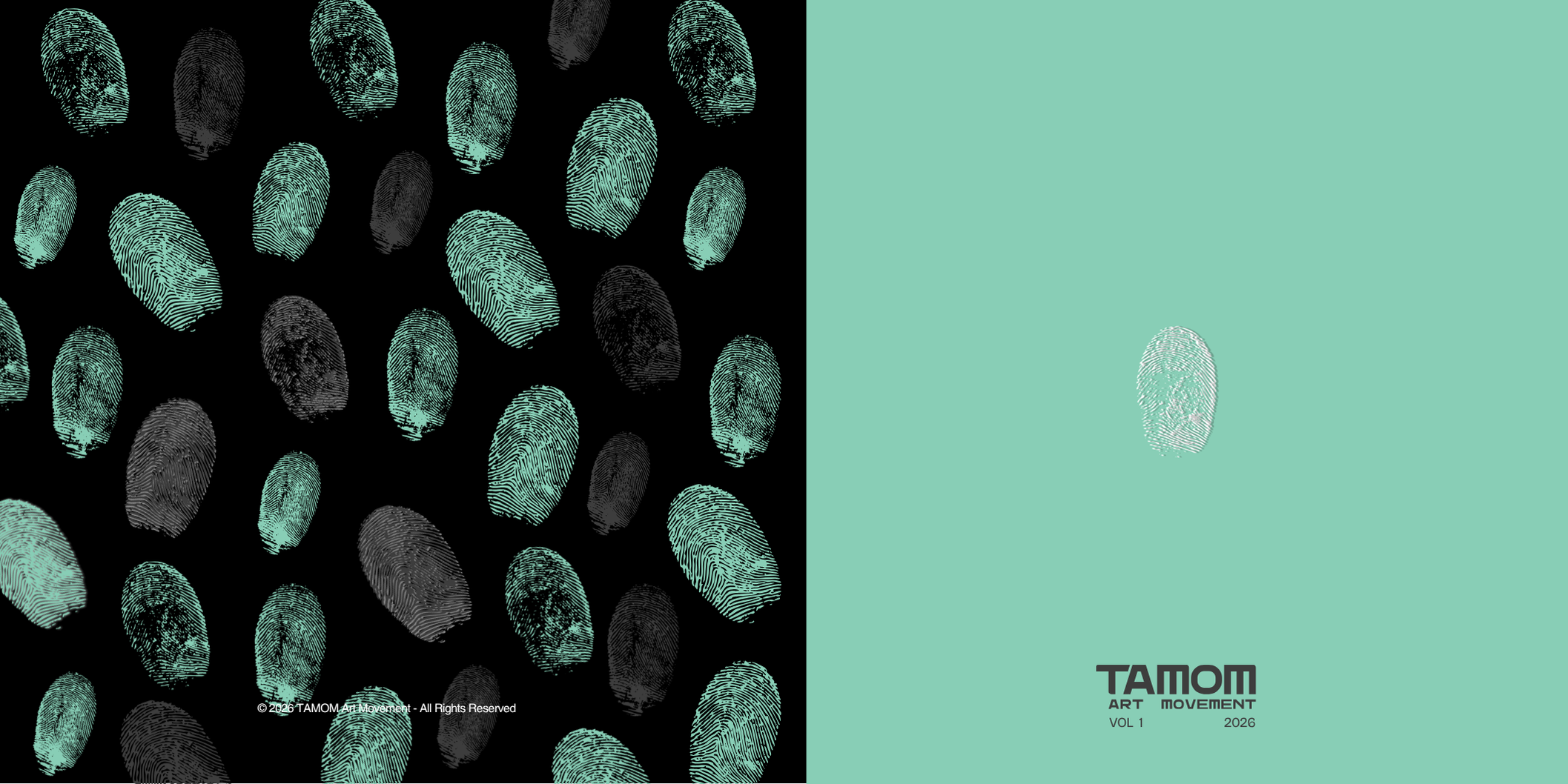Cover of a book titled 'TAMOM ART MOVEMENT VOL 1 2026' with a mint green background and an oversized fingerprint on the cover. The other side features a pattern of mint green and black fingerprints on a black background.