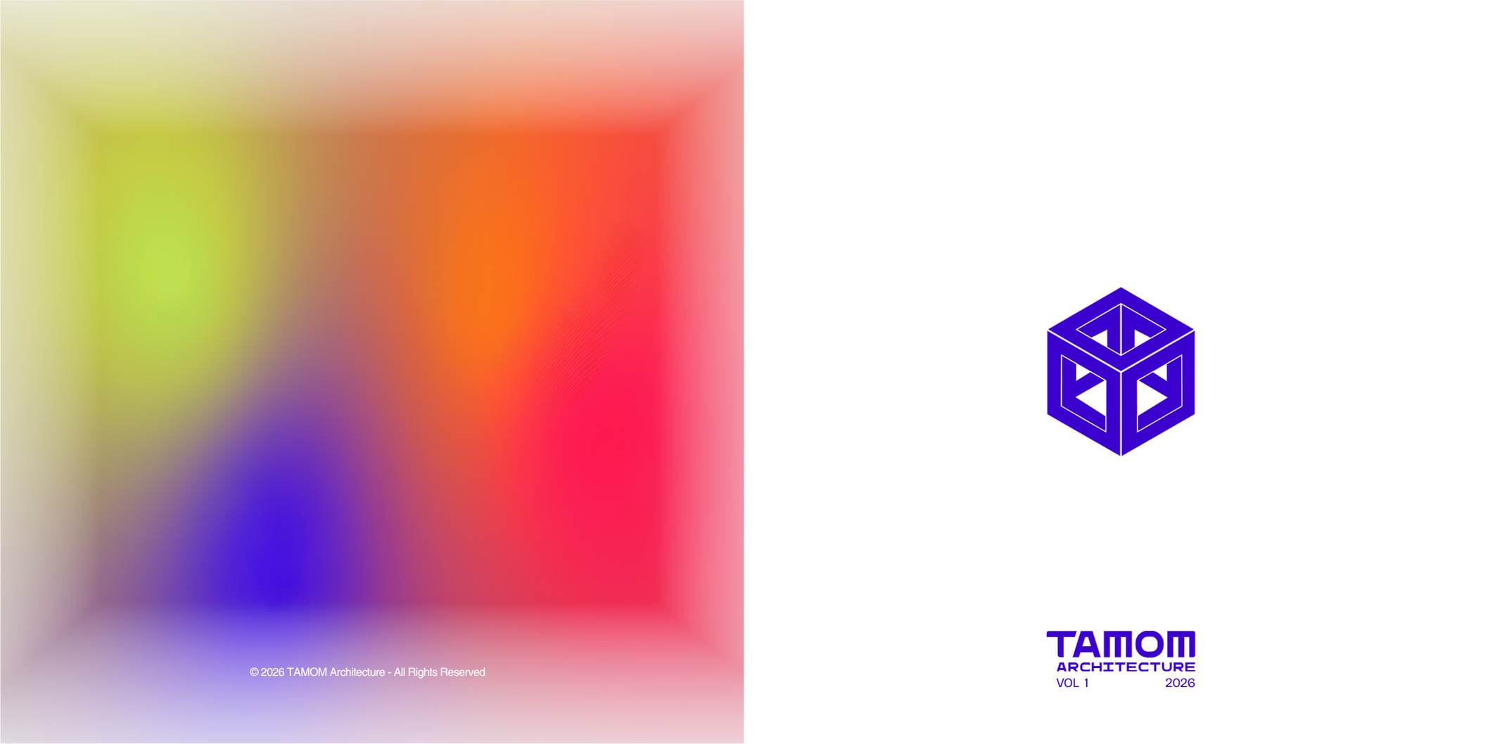 A colorful gradient background with the logo of TAMOM Architecture, featuring a blue geometric cube, and the text 'TAMOM ARCHITECTURE VOL 1 2026' in purple.