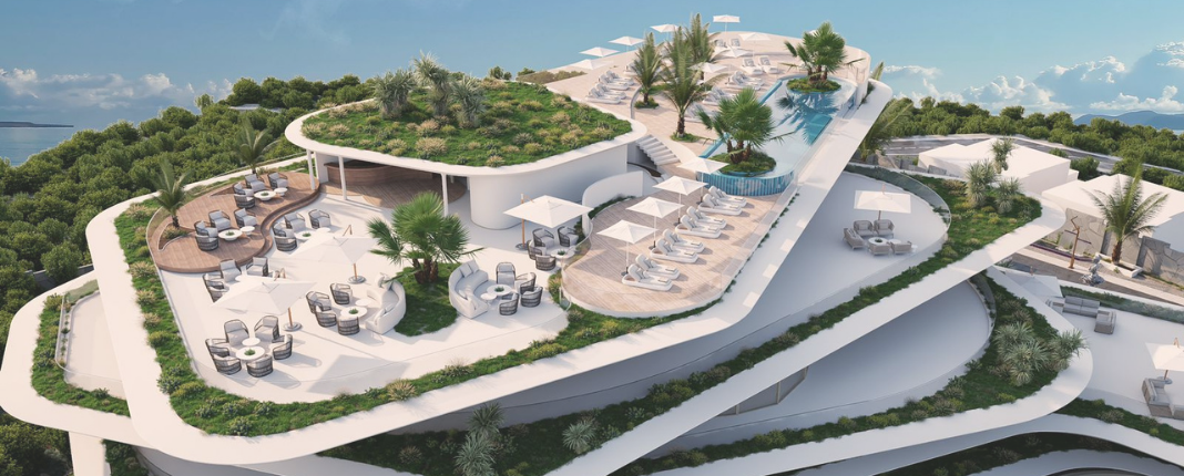 Luxury rooftop with pool, sun loungers, shaded seating areas, greenery, and panoramic views.