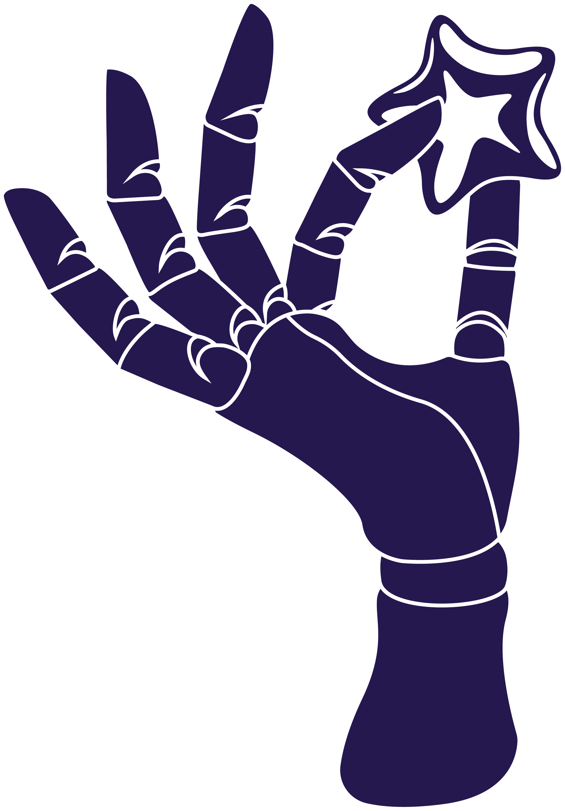 Stylized illustration of a hand with fingers in a peace sign, holding a star-shaped object or decoration.