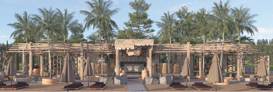 Outdoor beach resort with lounge chairs, umbrellas, and a shaded seating area, palm trees in the background.
