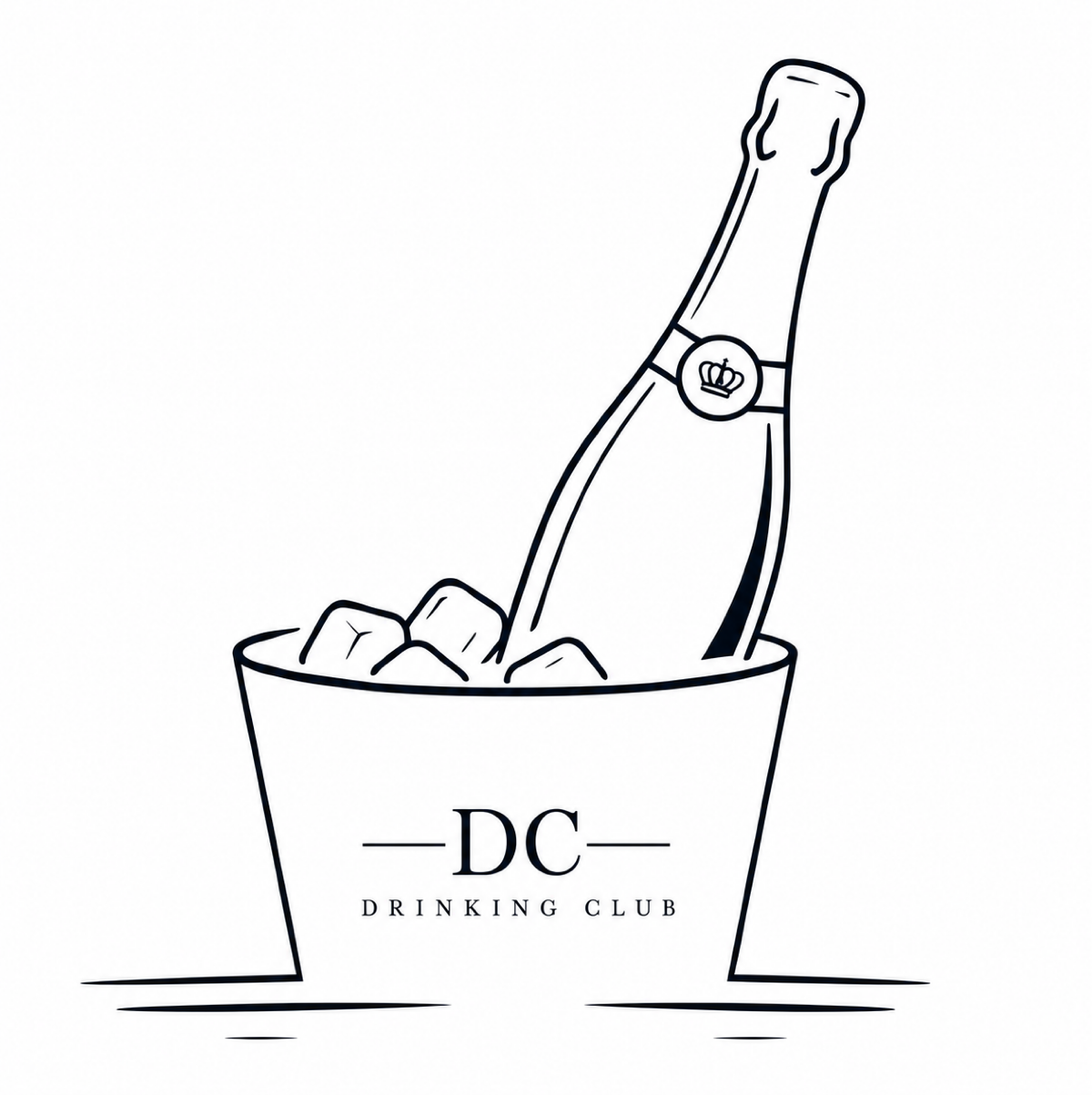 Schwarz-weiße Illustration einer Champagnerflasche mit Kronkorken, in einem Eimer mit Eiswürfeln, darunter der Text 'DC Drinking Club'.