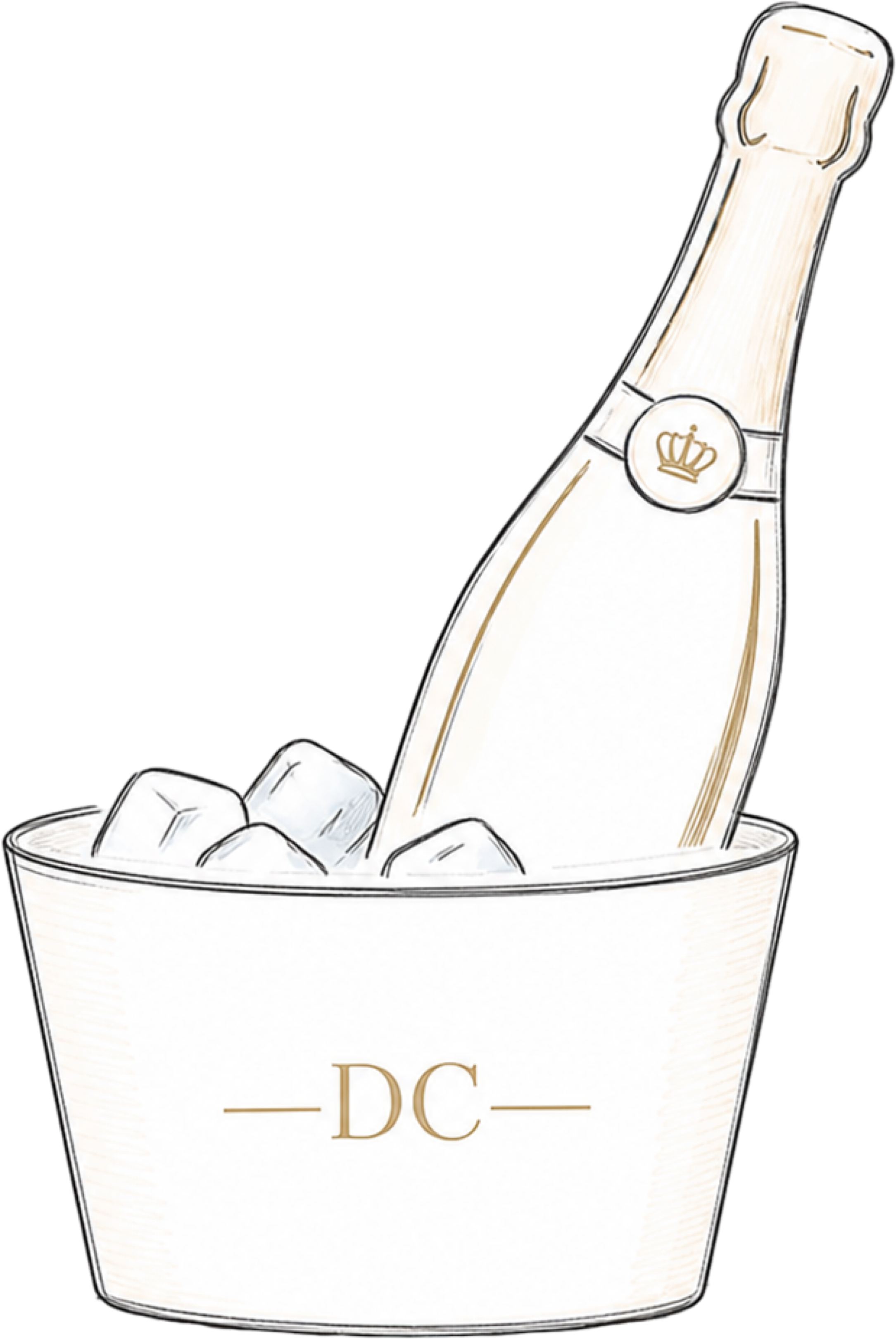 Illustration einer Weinflasche mit Kronen-Logo in einem Eiskübel mit Eiswürfeln.