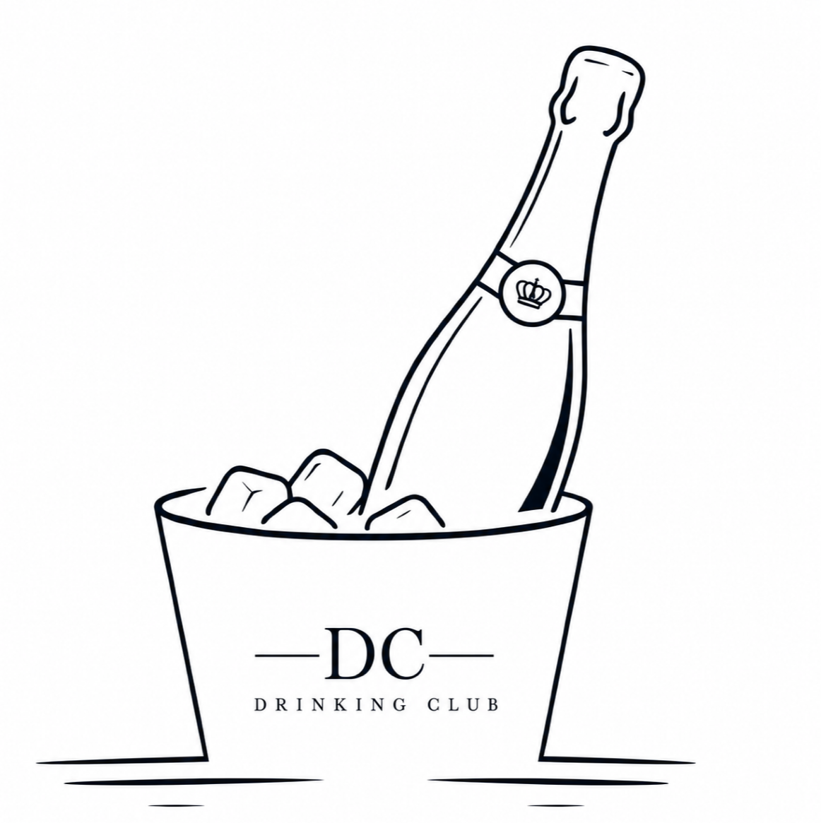 Linienzeichnung eines Sektflasche, die in einem Eimer mit Eis steckt, mit einem Band mit Kronenkopfsymbol. Der Eimer hat das Logo 'DC' und die Worte 'DRINKING CLUB' darunter.
