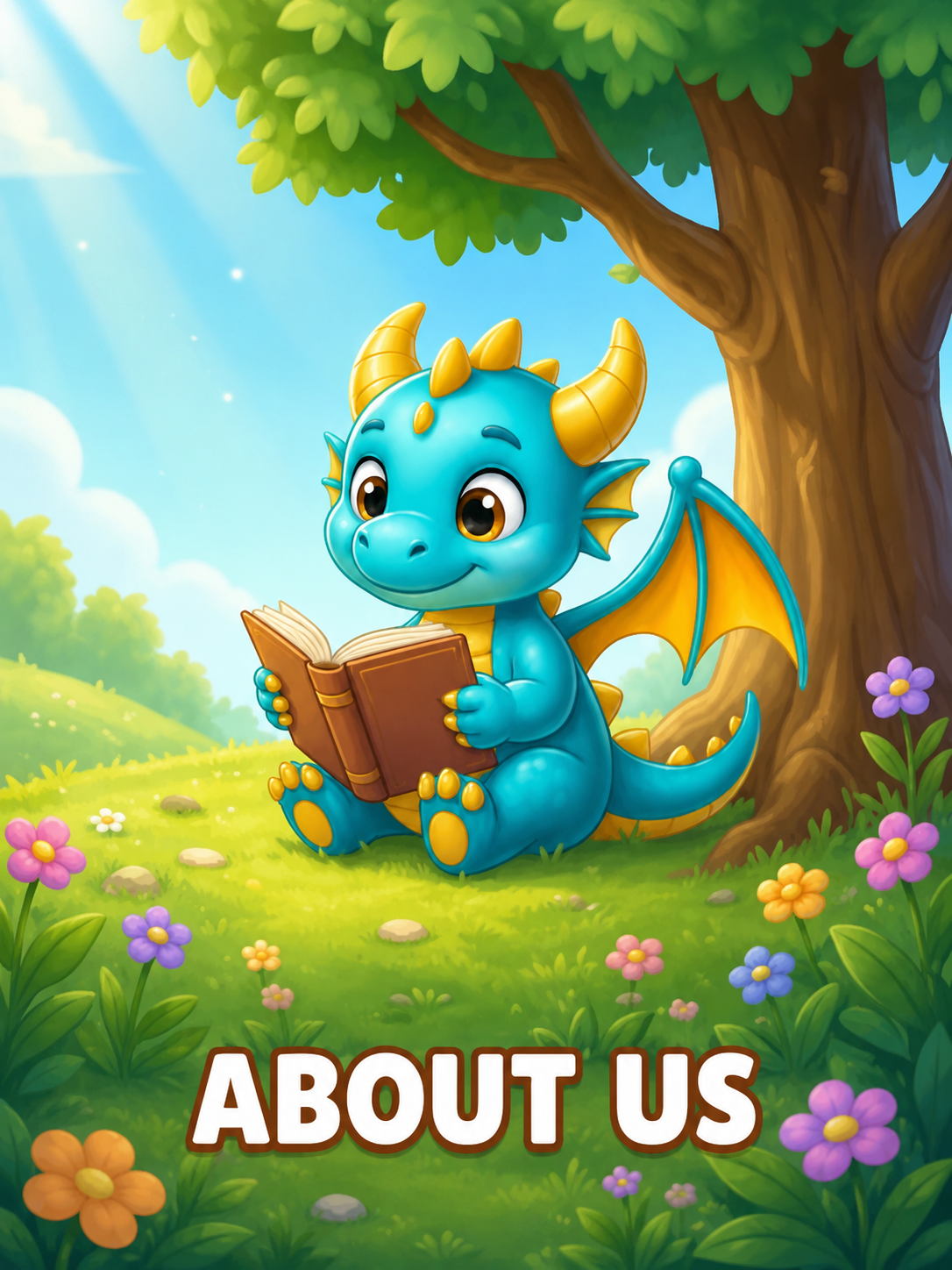 A cute cartoon blue baby dragon with yellow horns and wings, sitting under a large tree and reading a book in a colorful meadow with flowers, clouds, and sunlight.