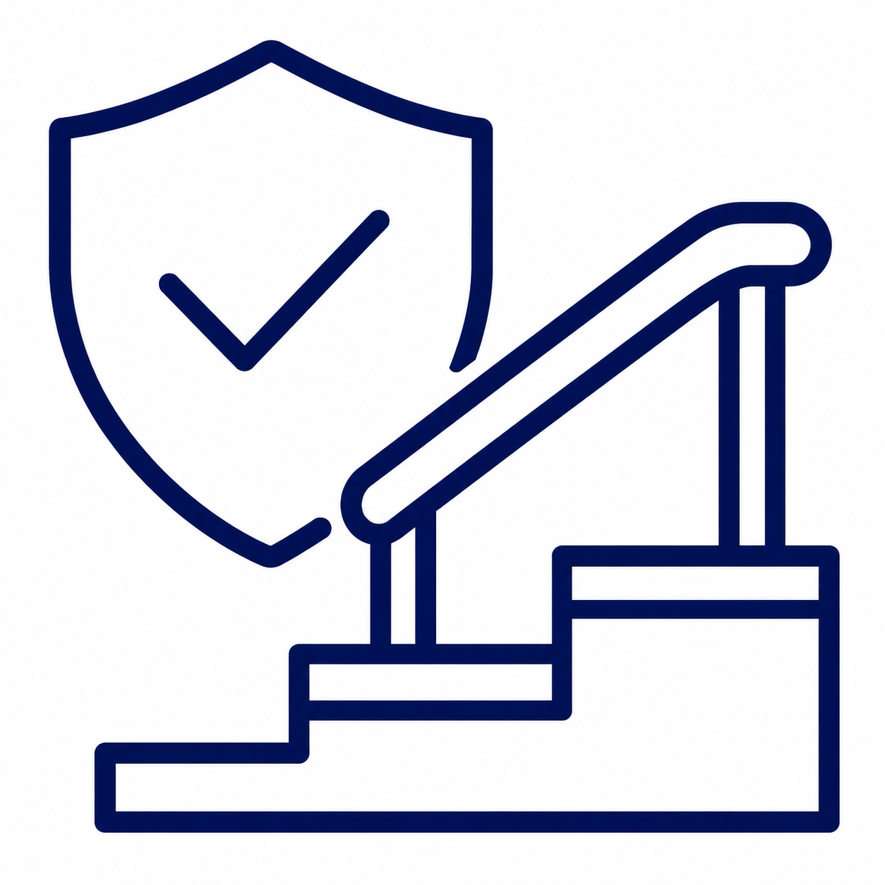 Outline of a staircase with a shield containing a checkmark symbol next to it, representing safety or security.