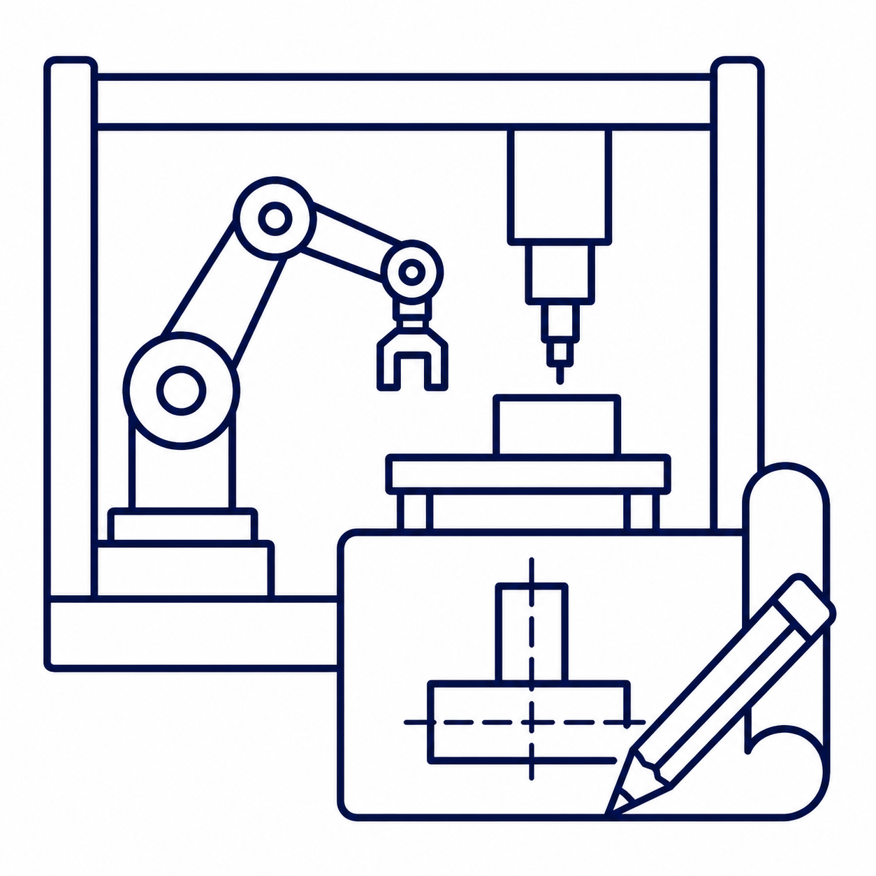 Line drawing of a robotic arm and a CNC machine on a blueprint with a pencil.
