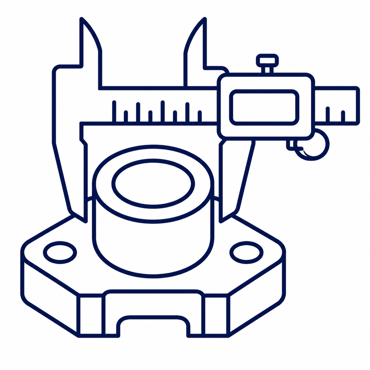 Line drawing of a coordinate measuring machine (CMM) with a probe touching a part for precise measurement.