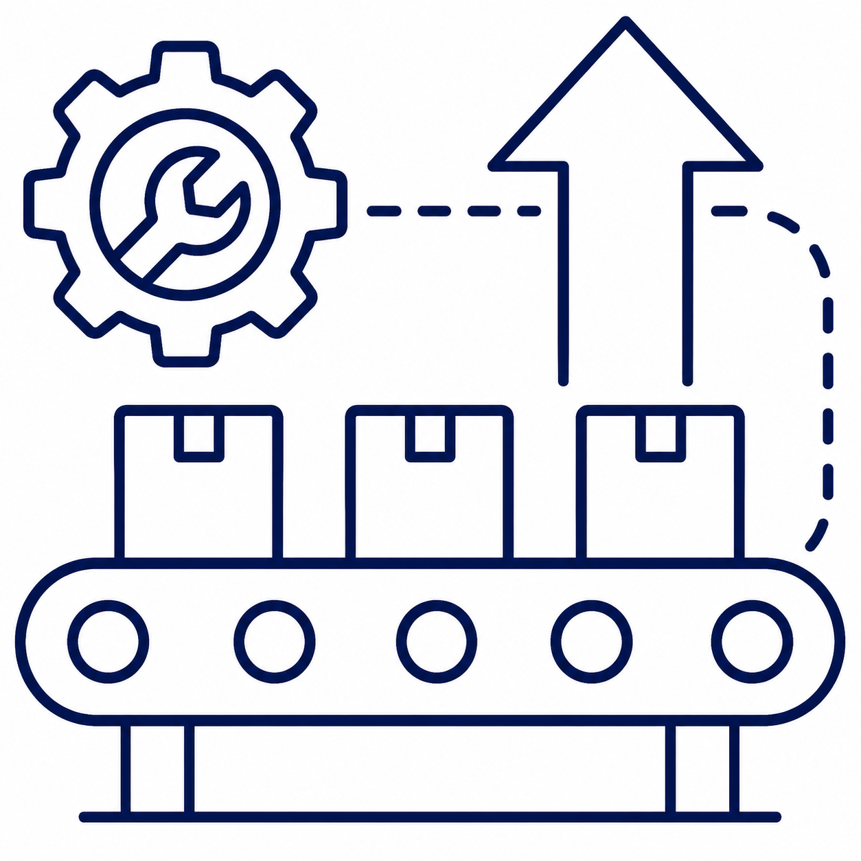 Outline of a manufacturing or assembly line with a conveyor belt, boxes, a gear symbol with a wrench inside, and an upward arrow, indicating process or workflow improvement.