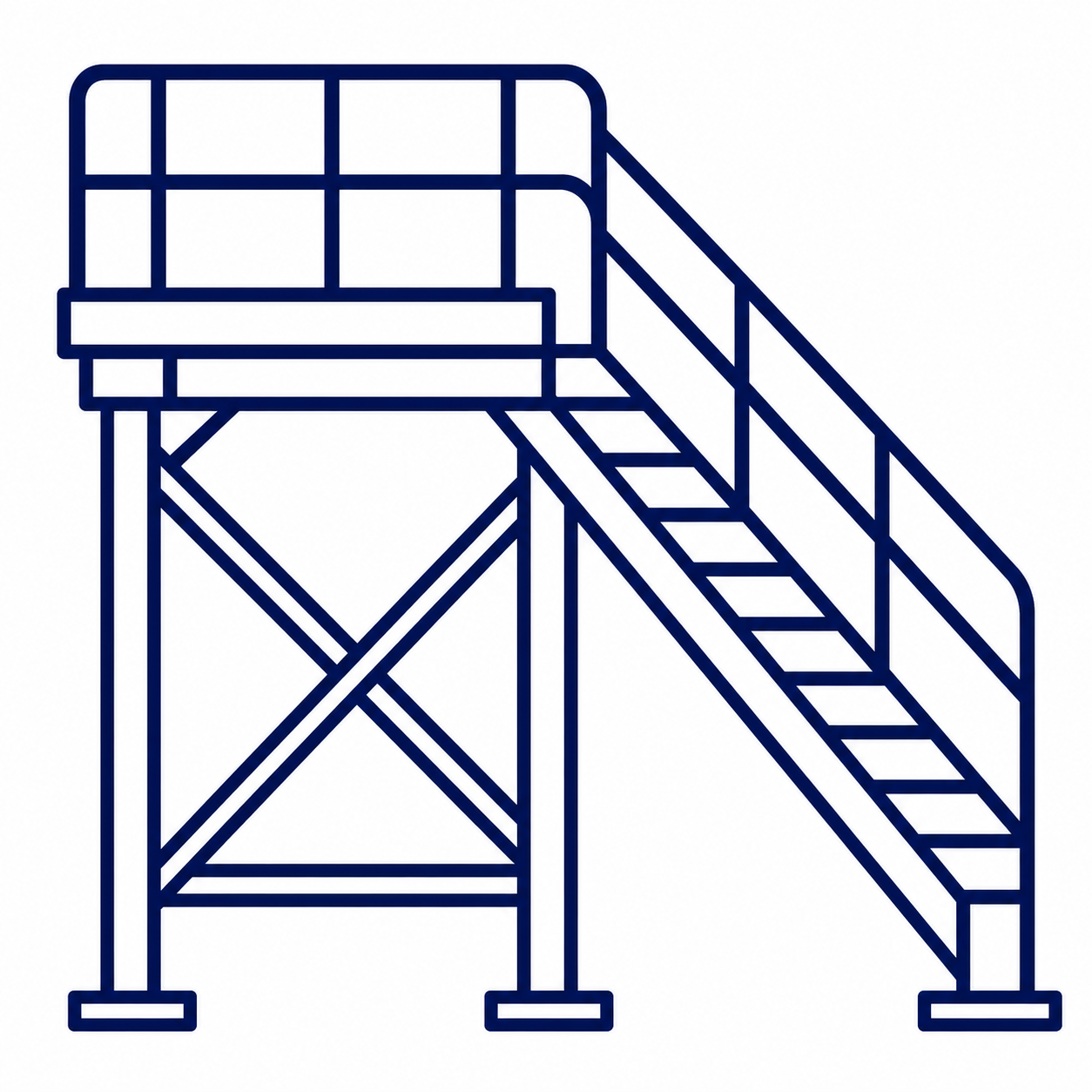 Line drawing of a wooden staircase with an upper platform and handrails.