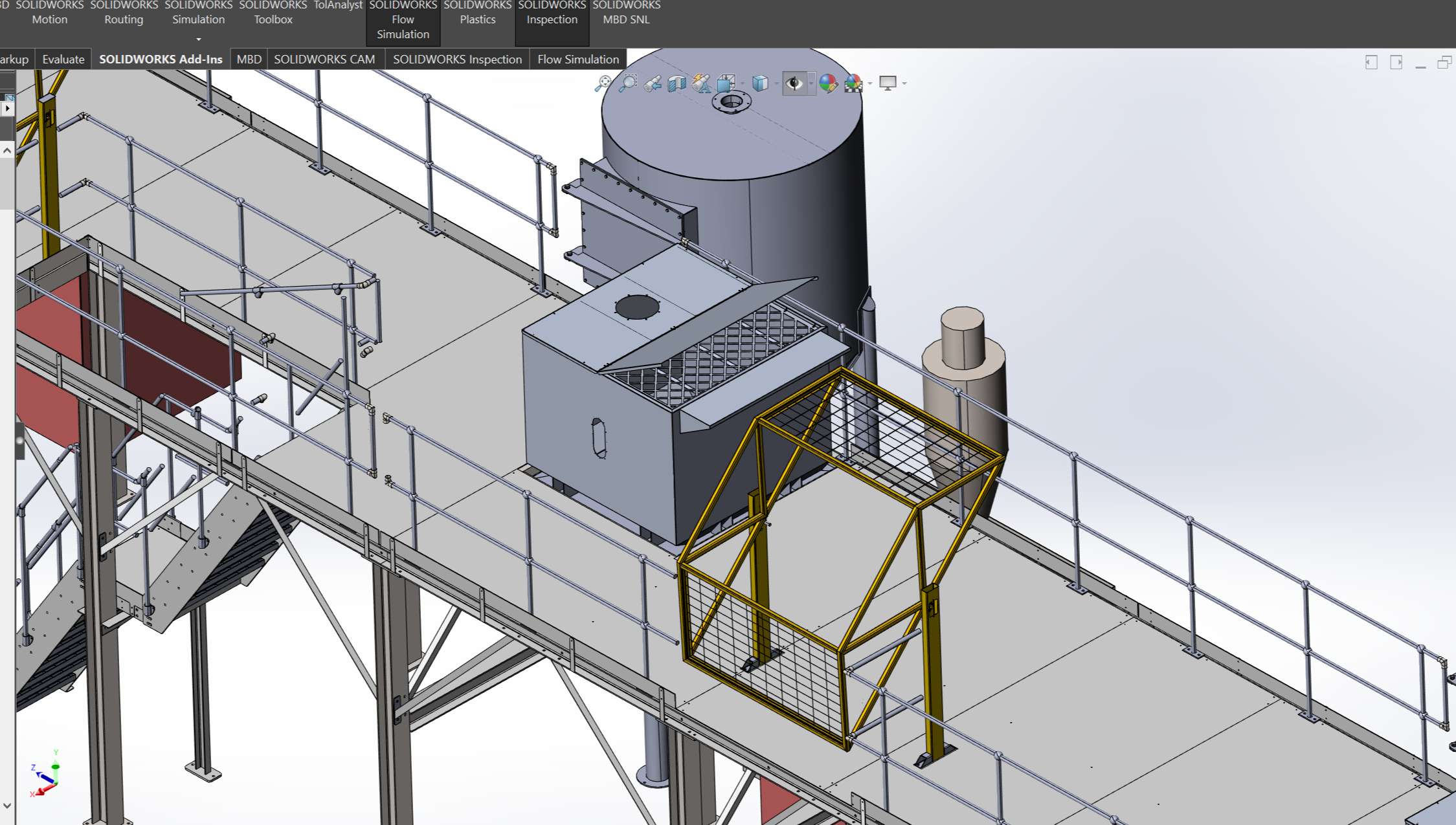 CAD detail of a gated pallet loading point beside a pellet feed hopper