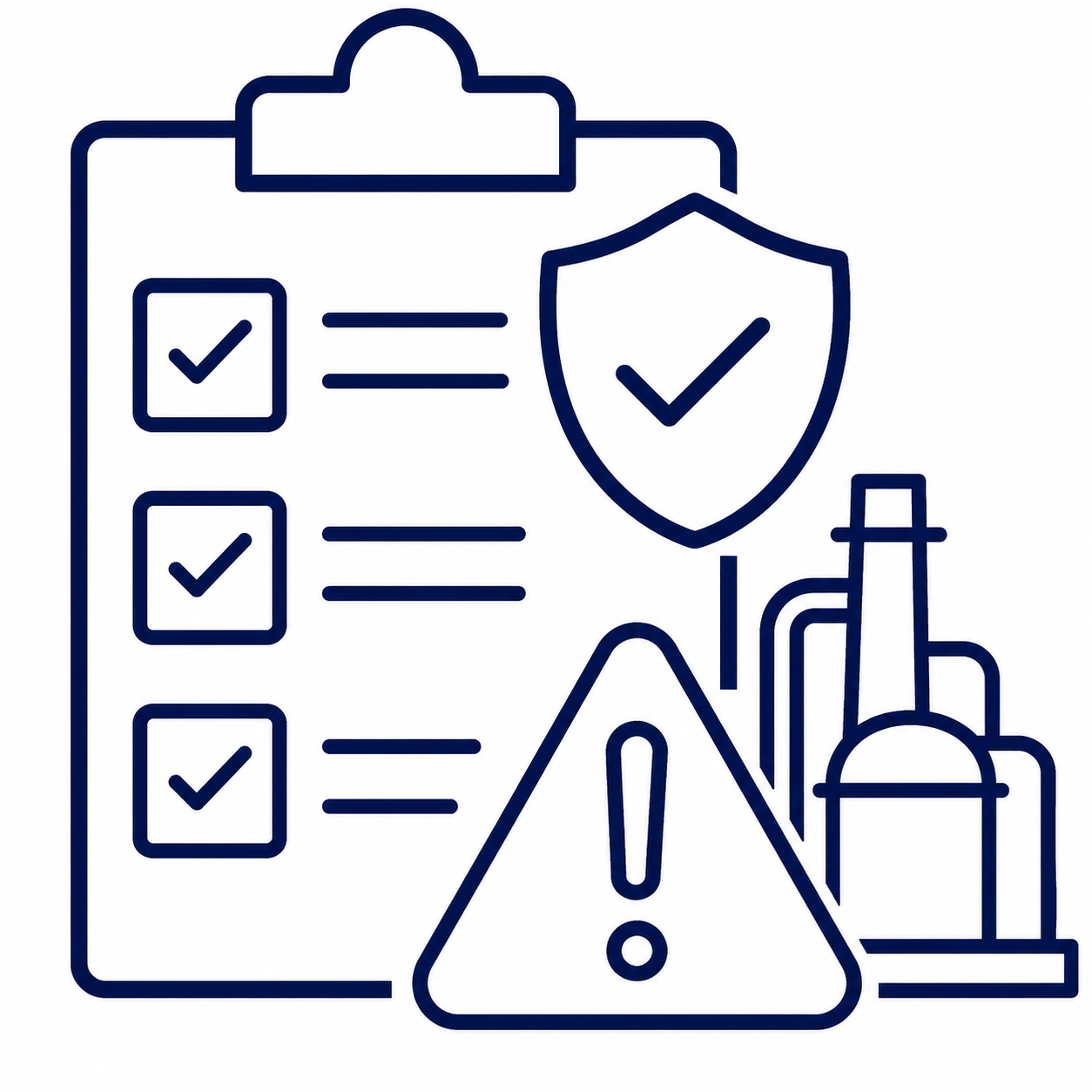Illustration of a safety checklist on a clipboard with a shield icon and an exclamation warning sign, surrounded by laboratory glassware.