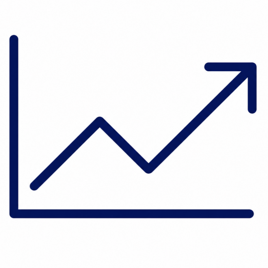 Line graph with an upward trend, showing an arrow pointing right and up.