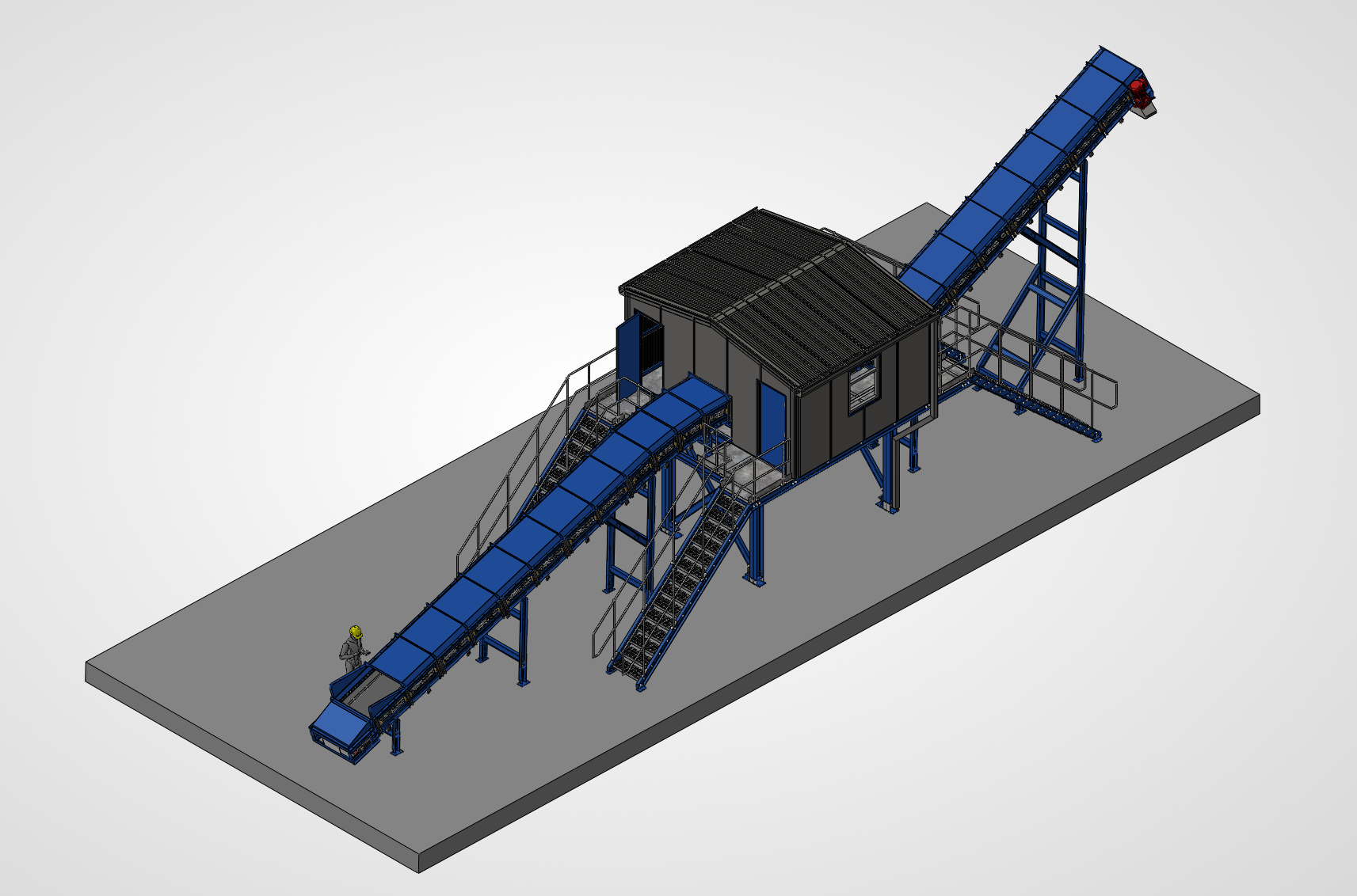 Opposite CAD view showing the conveyors, access stairs and enclosed picking area