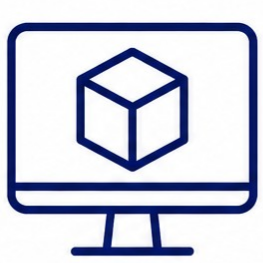 Line drawing of a computer monitor with a cube icon on the screen.