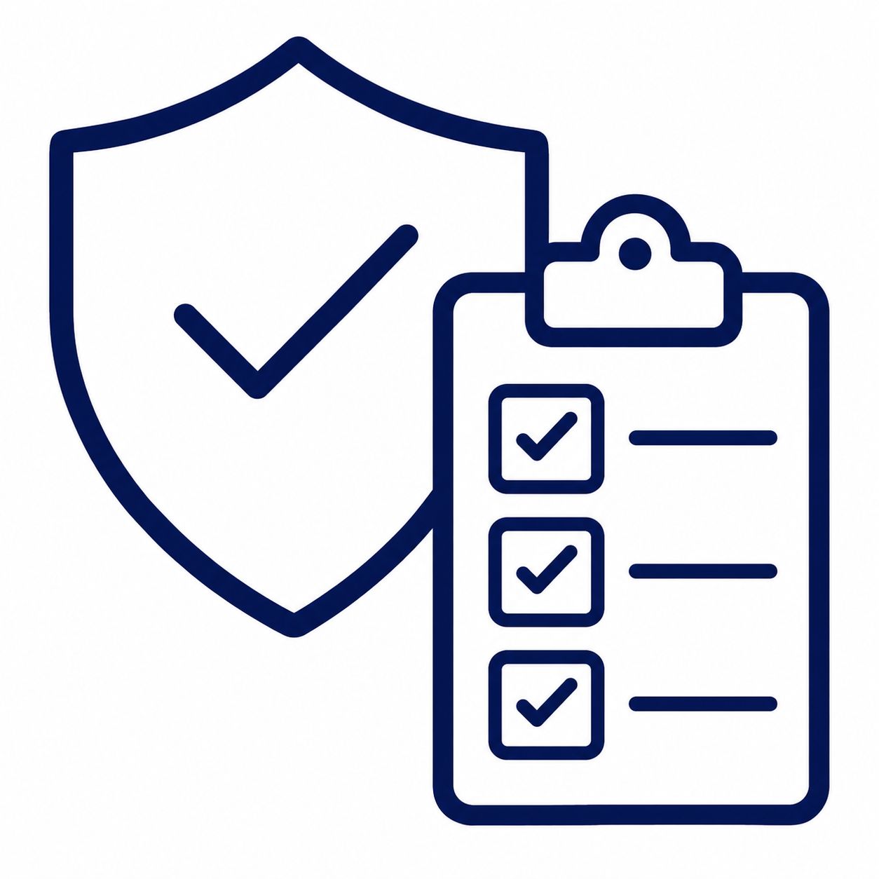 Line drawing of a shield with a check mark and a clipboard with a completed checklist.
